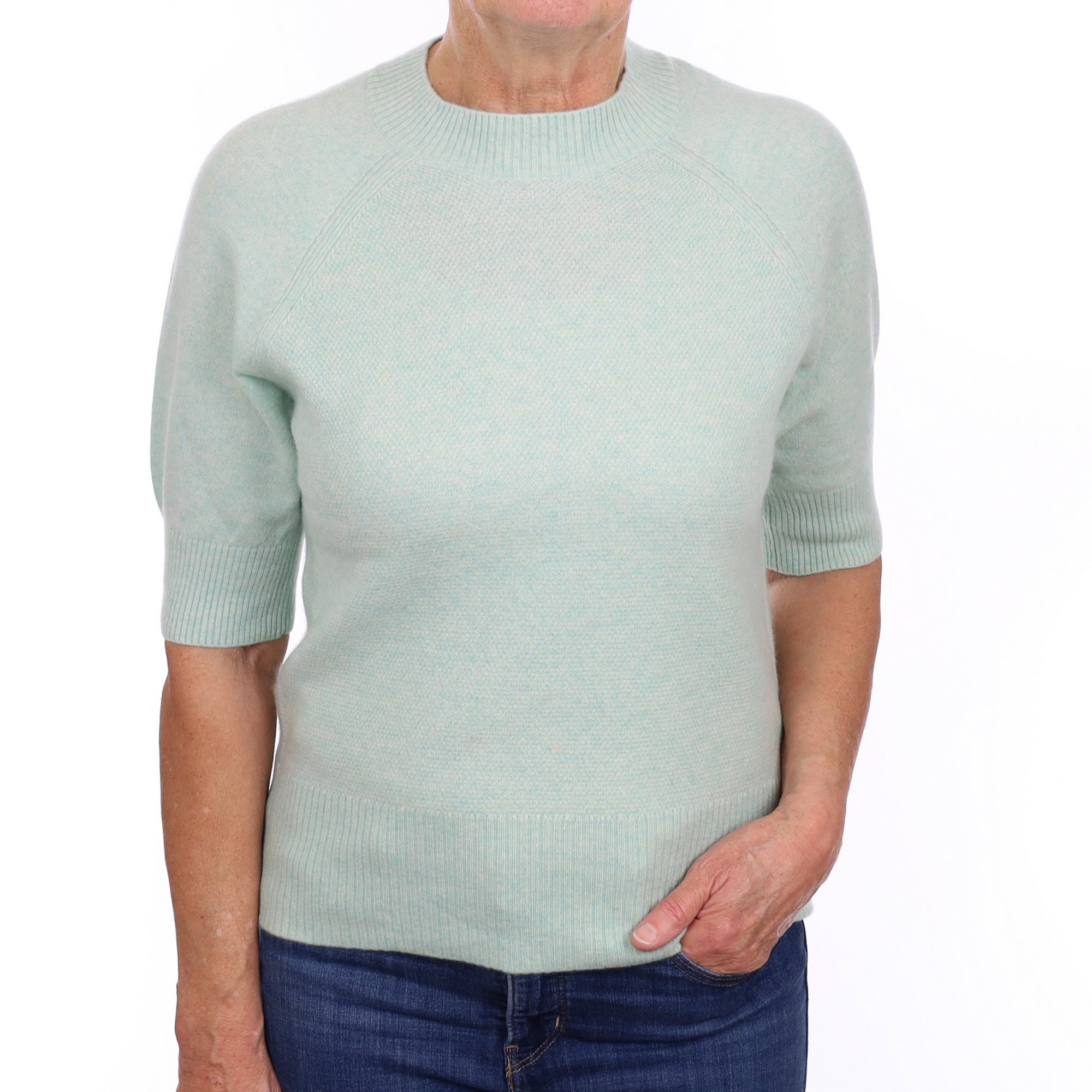 Mint Green Textured Cashmere Short Sleeve Crew Neck Jumper Medium