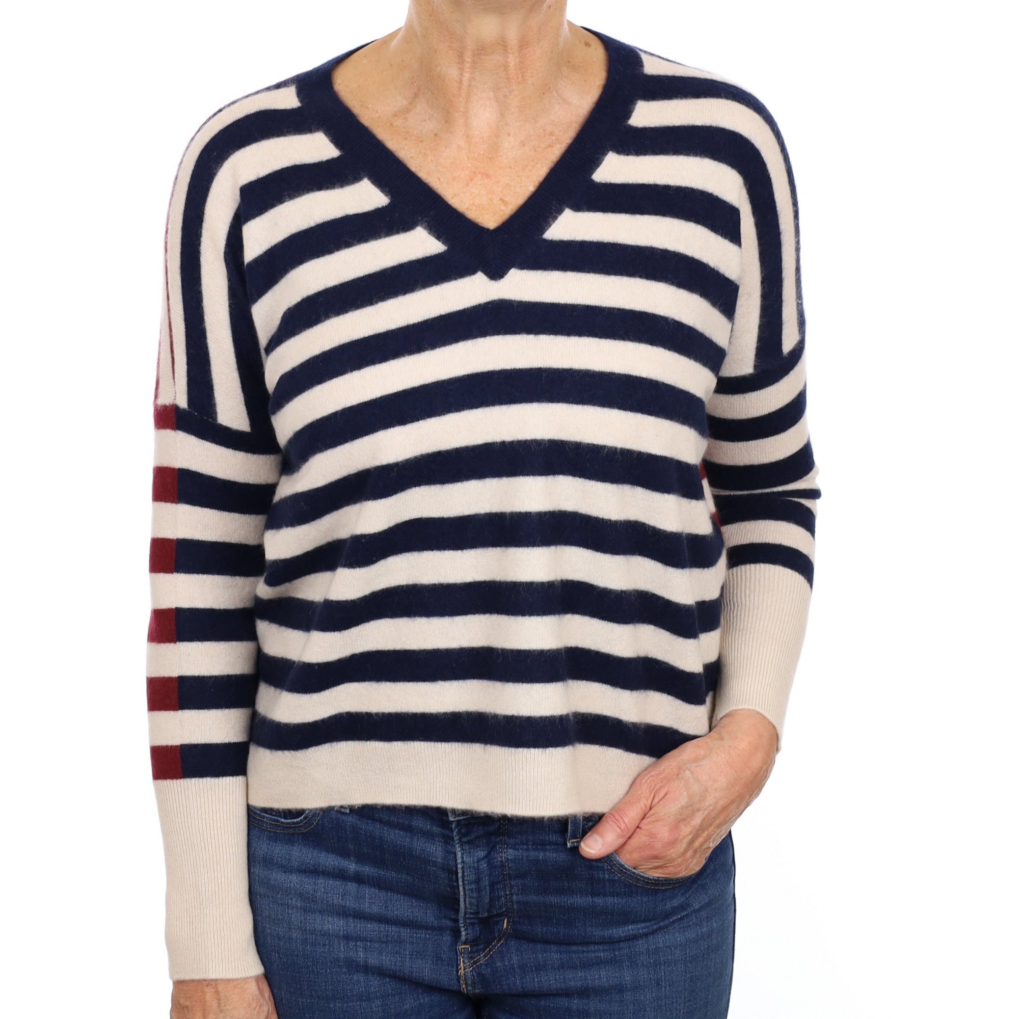Navy and Burgundy Stripe Cashmere V Neck Jumper Medium