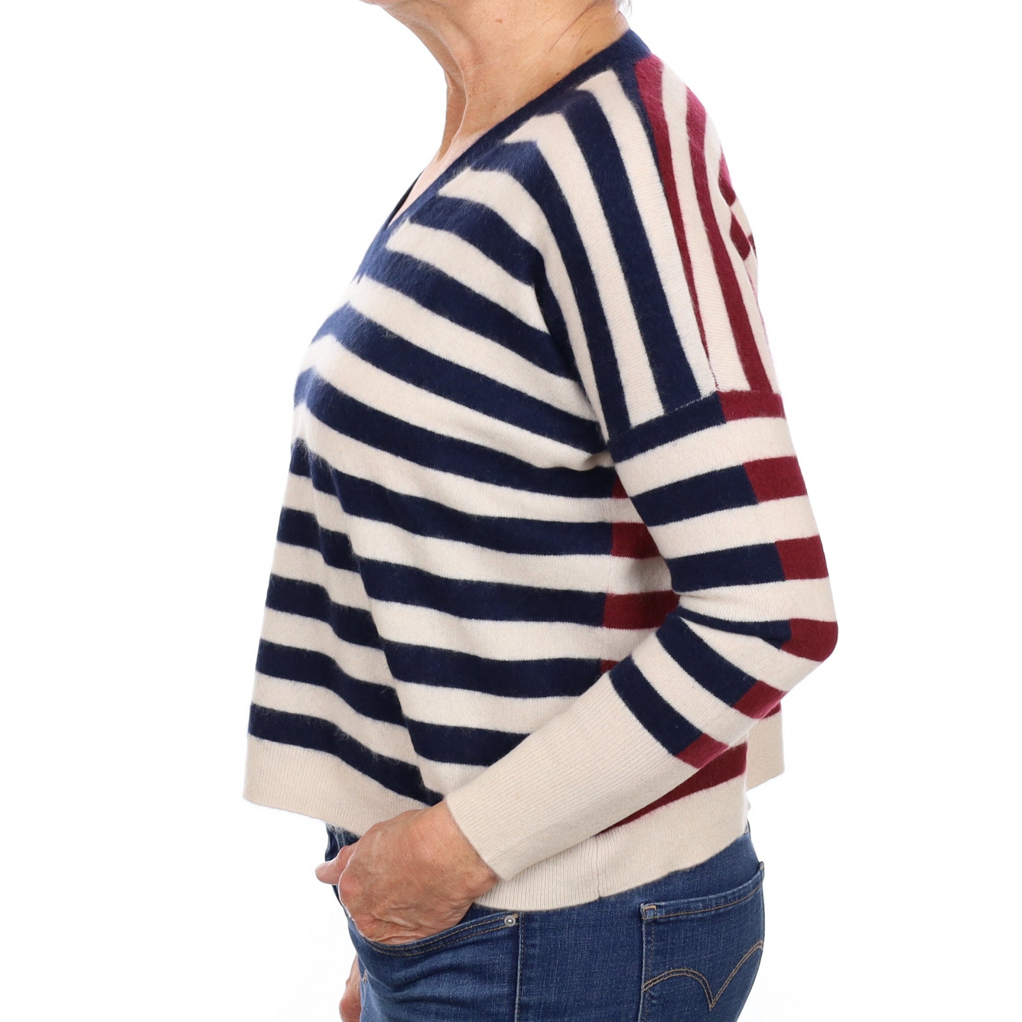 Navy and Burgundy Stripe Cashmere V Neck Jumper Medium