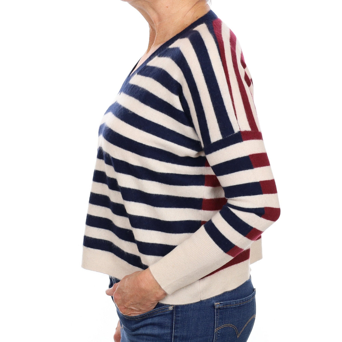 Navy and Burgundy Stripe Cashmere V Neck Jumper Medium