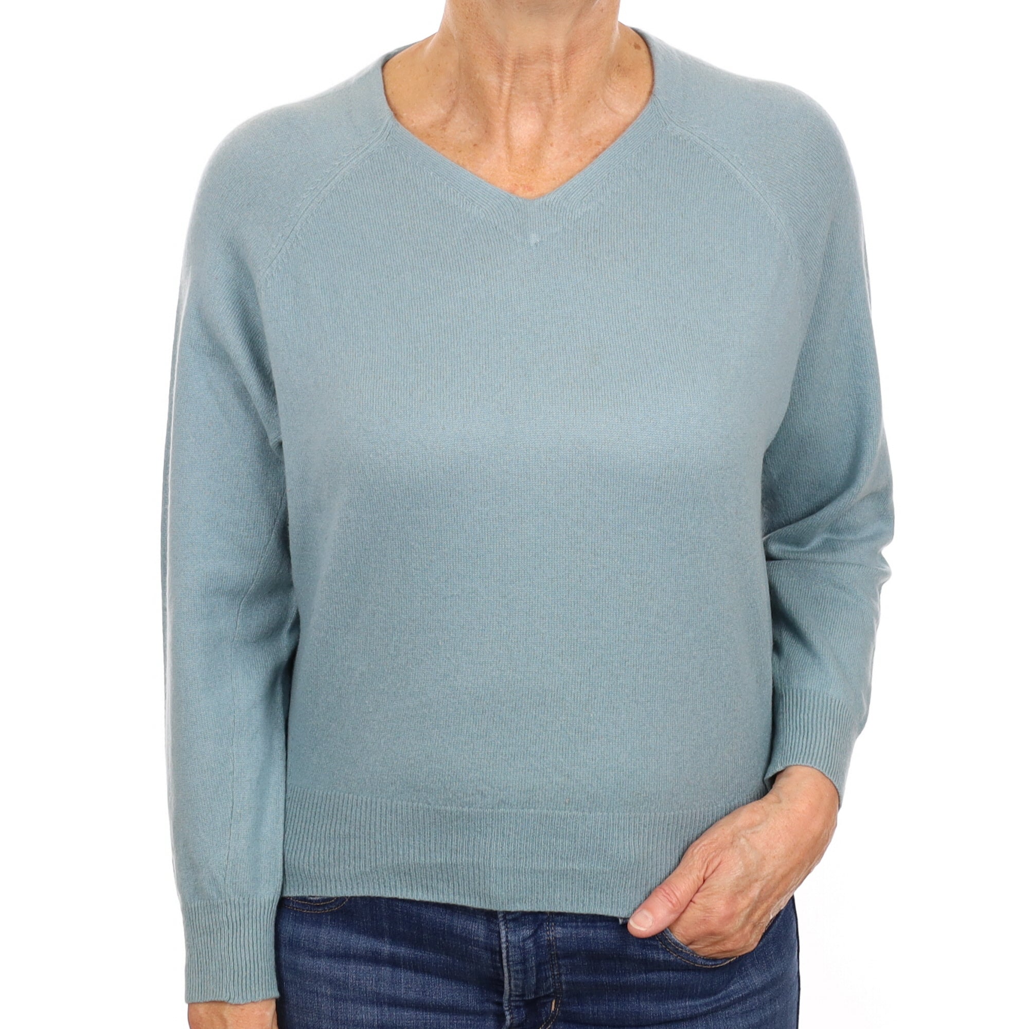 Duck Egg Blue Cashmere Batwing V Neck Jumper Medium