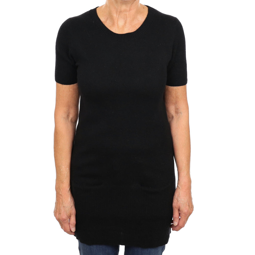 Black Cashmere Short Sleeve Crew Neck Tunic with Pockets Medium
