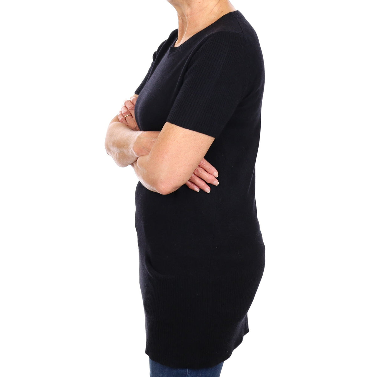 Black Cashmere Short Sleeve Crew Neck Tunic with Pockets Medium