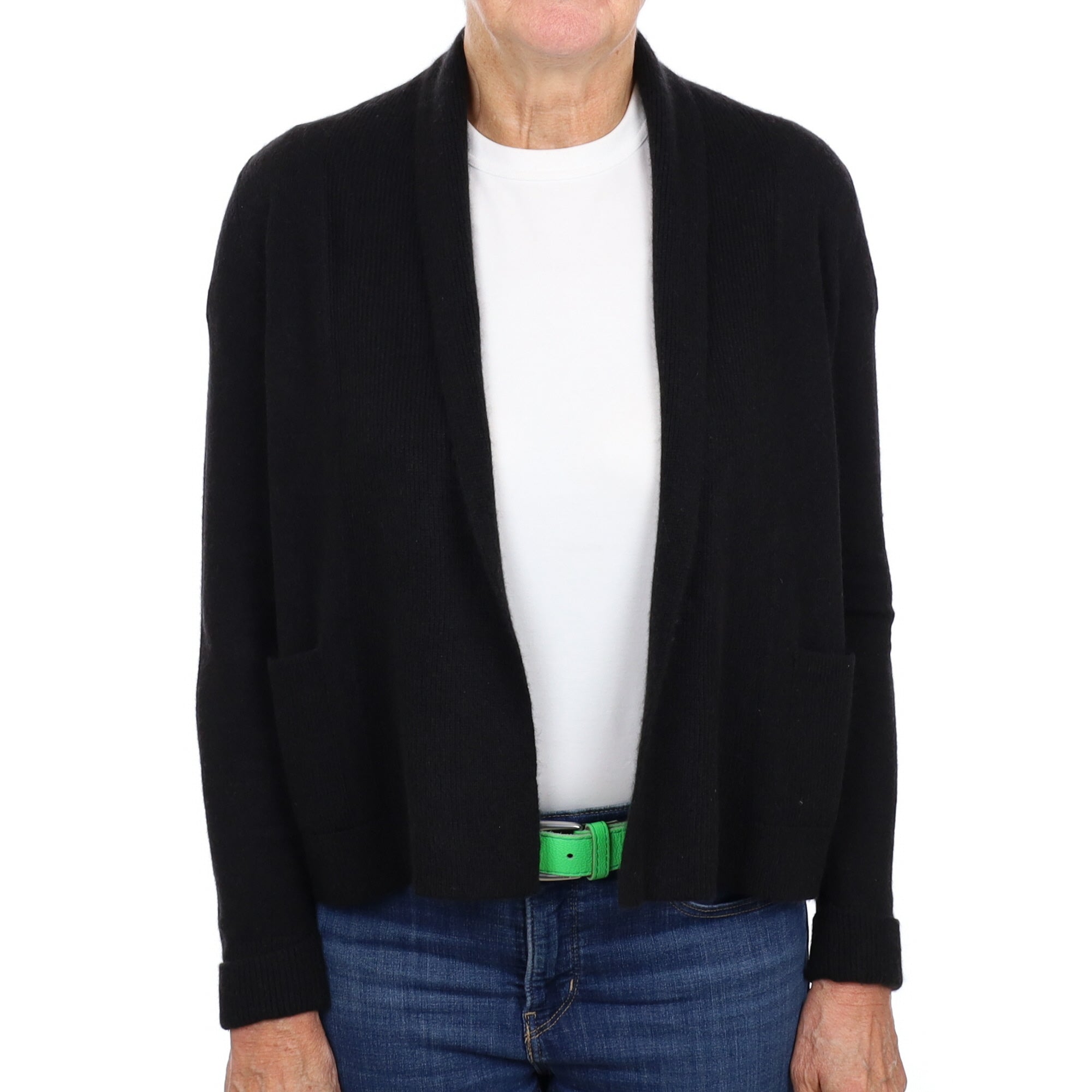 Black Cashmere Edge to Edge Cardigan with Pockets Medium