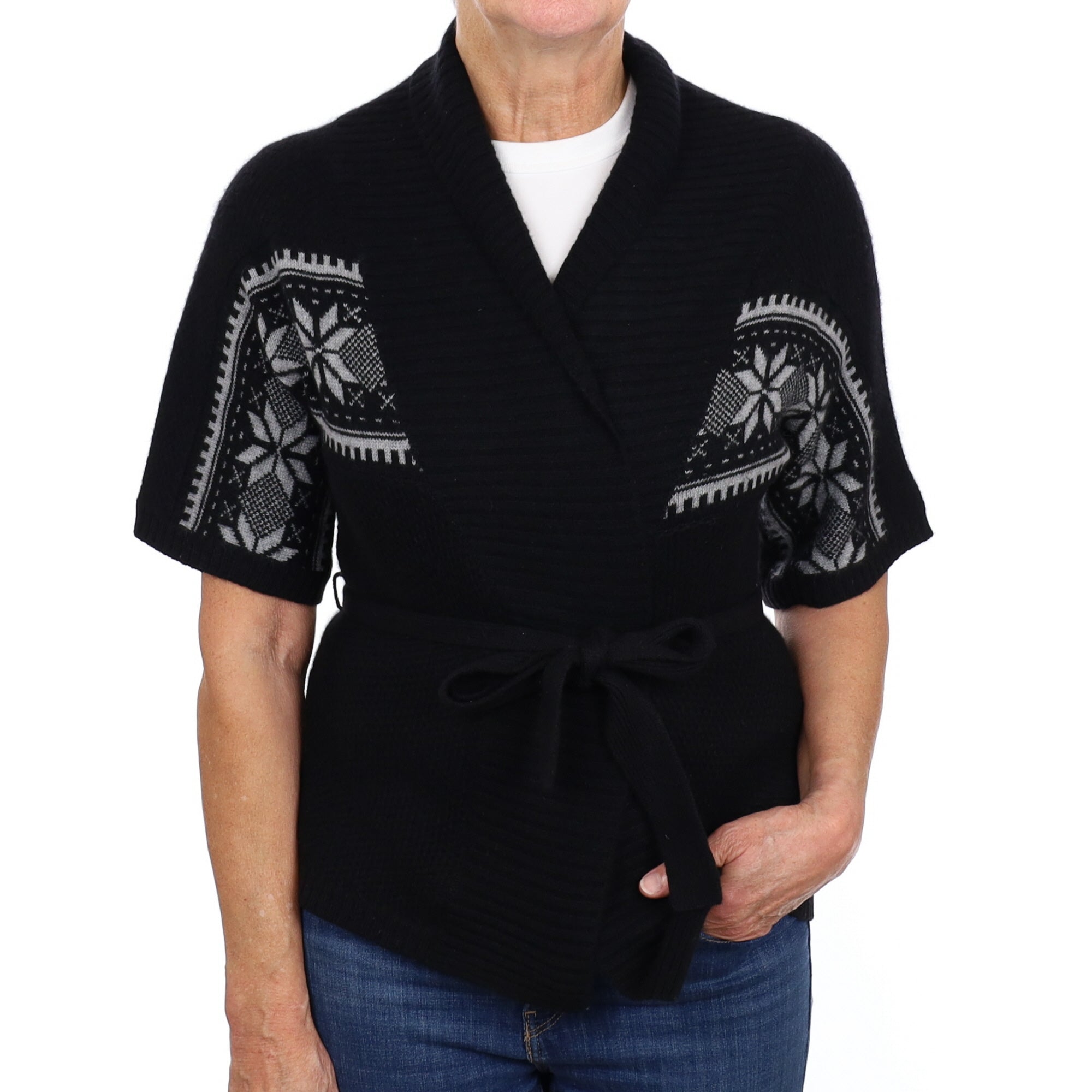 Black Fair Isle Cashmere Batwing Belted Cardigan Medium