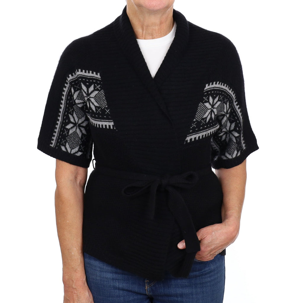 Black Fair Isle Cashmere Batwing Belted Cardigan Medium