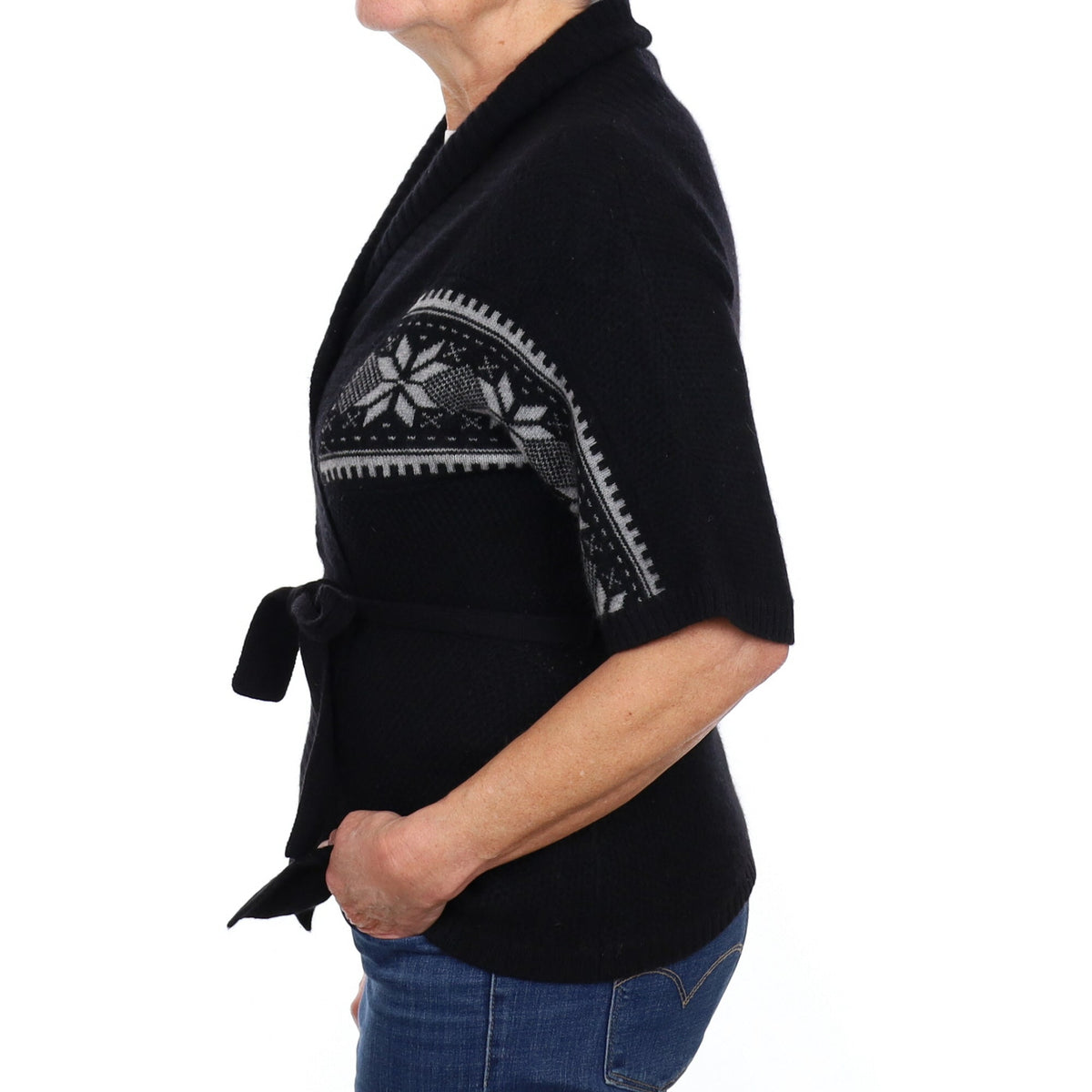 Black Fair Isle Cashmere Batwing Belted Cardigan Medium