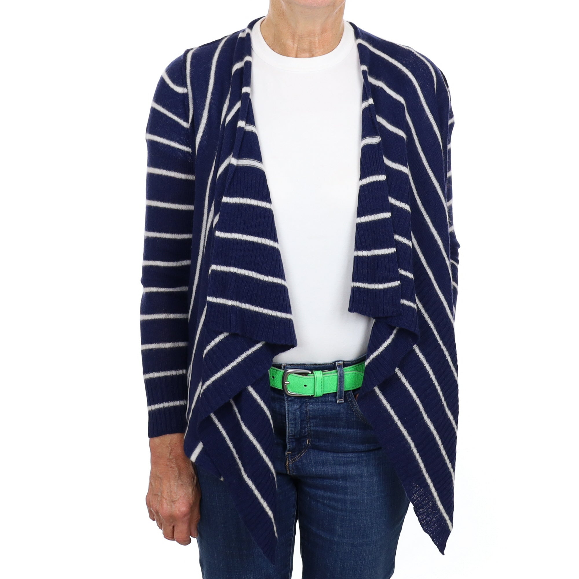 French Navy Stripe Cashmere Waterfall Cardigan Medium
