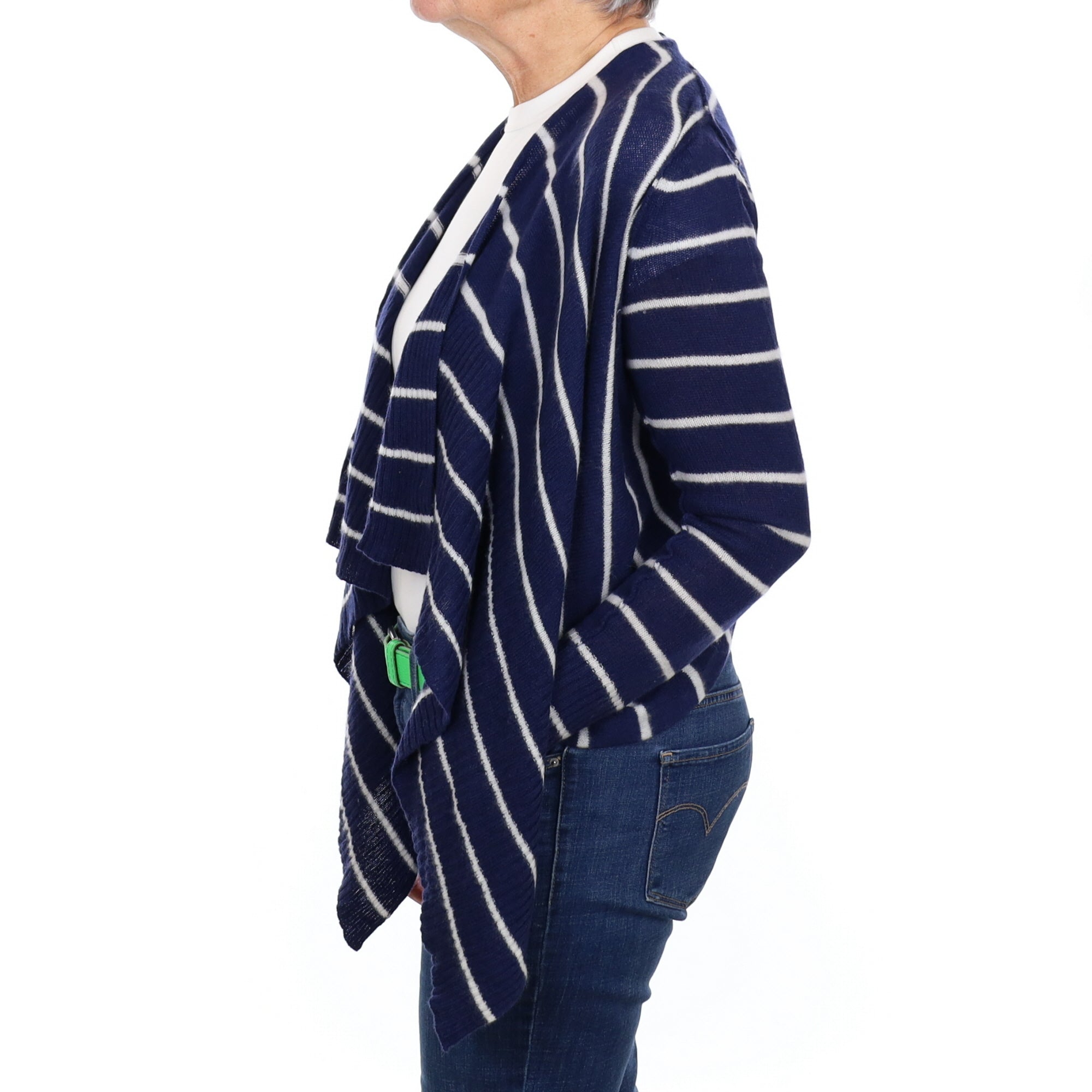 French Navy Stripe Cashmere Waterfall Cardigan Medium