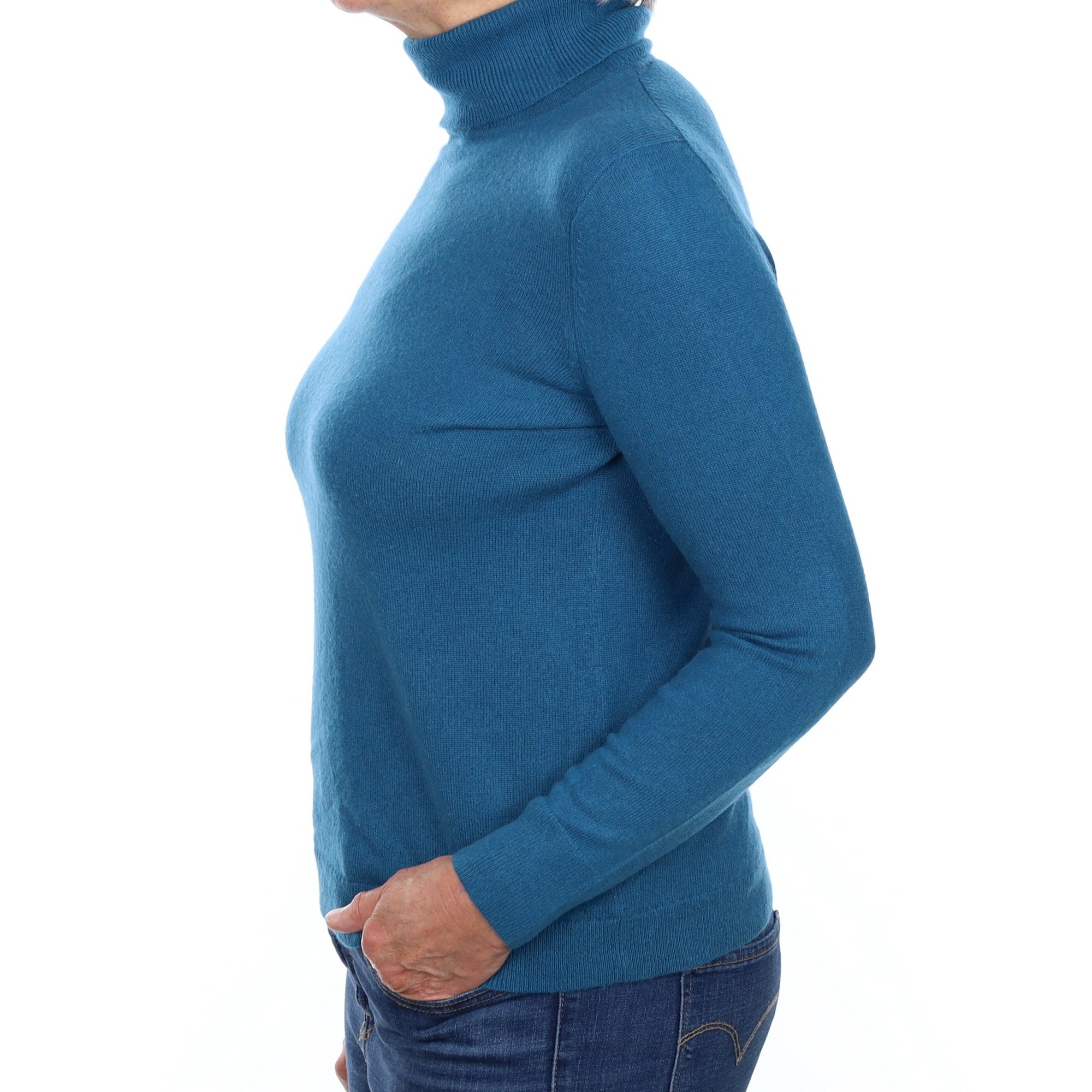 Teal Blue Cashmere Polo Neck Jumper Medium