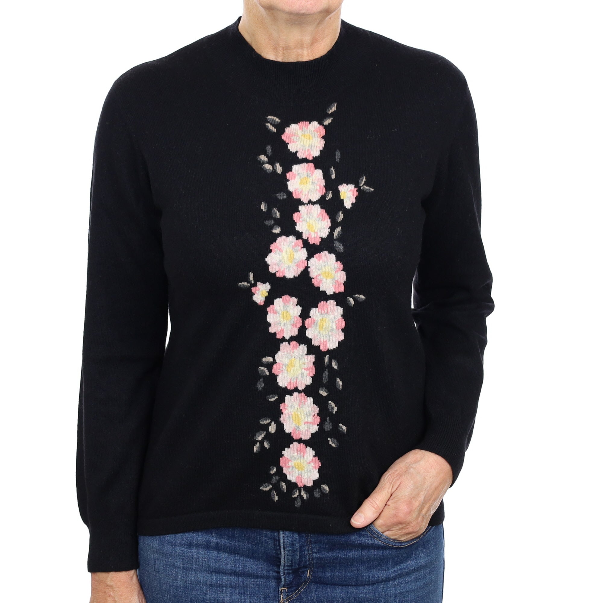 Black Floral Cashmere Turtle Neck Jumper Medium