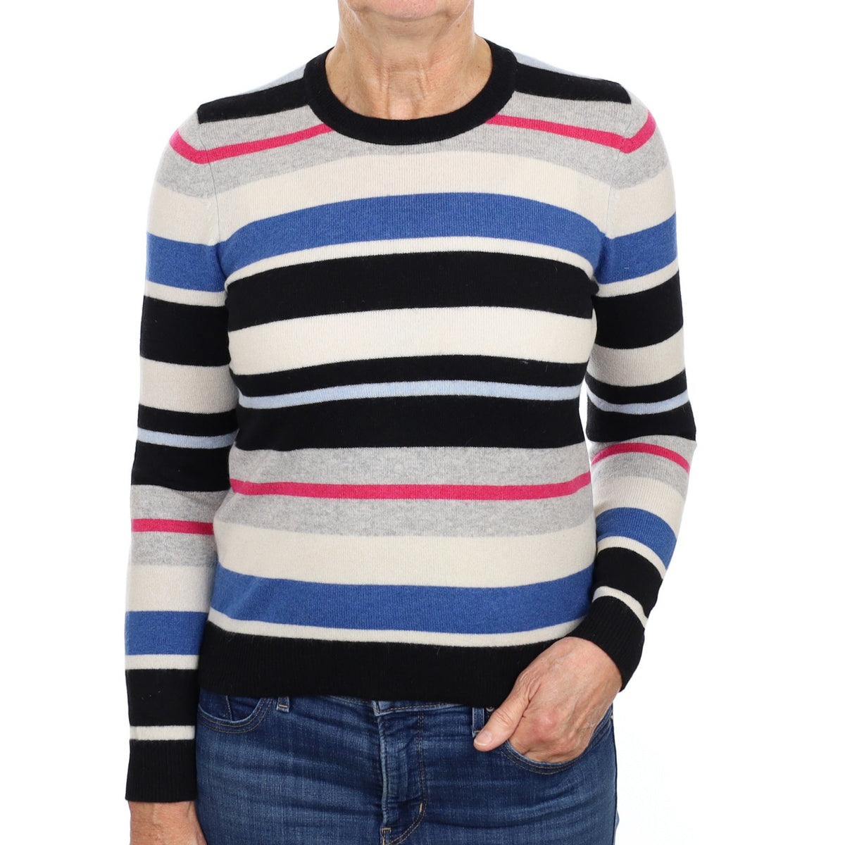 Black and Blue Stripe Cashmere Crew Neck Jumper Medium