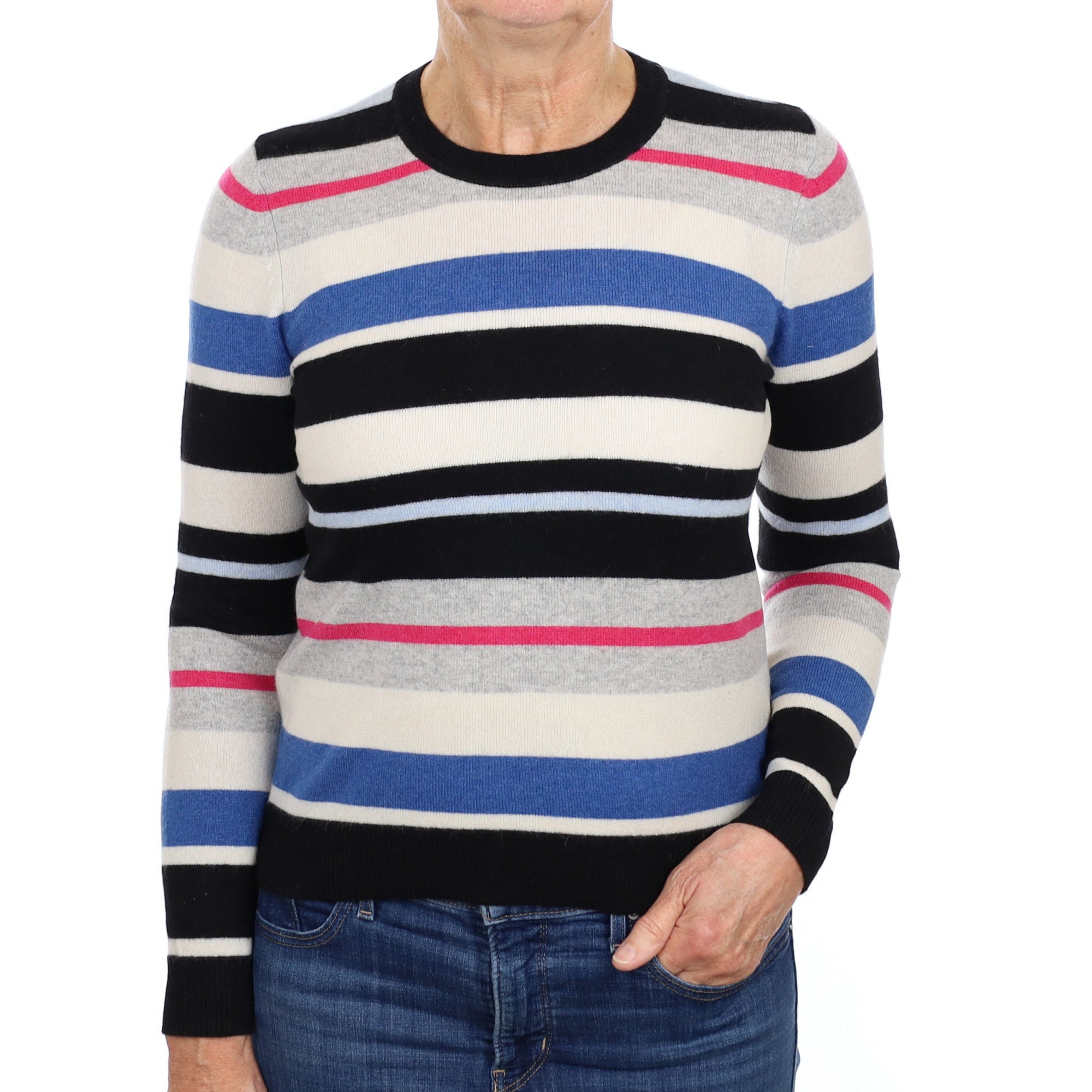 Black and Blue Stripe Cashmere Crew Neck Jumper Medium