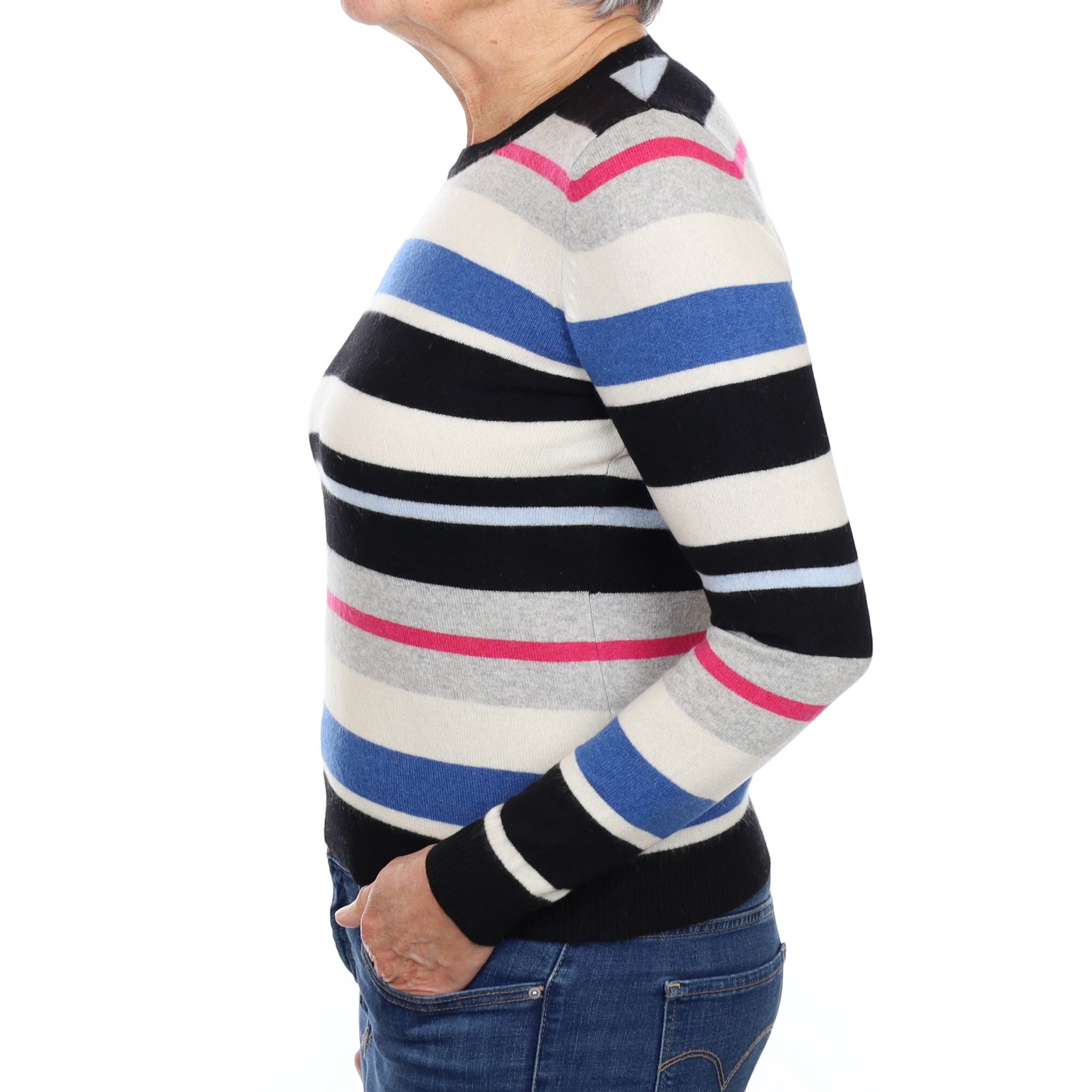 Black and Blue Stripe Cashmere Crew Neck Jumper Medium