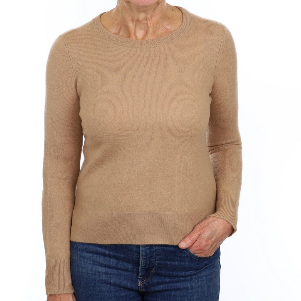 Camel Brown Cashmere Crew Neck Jumper Medium