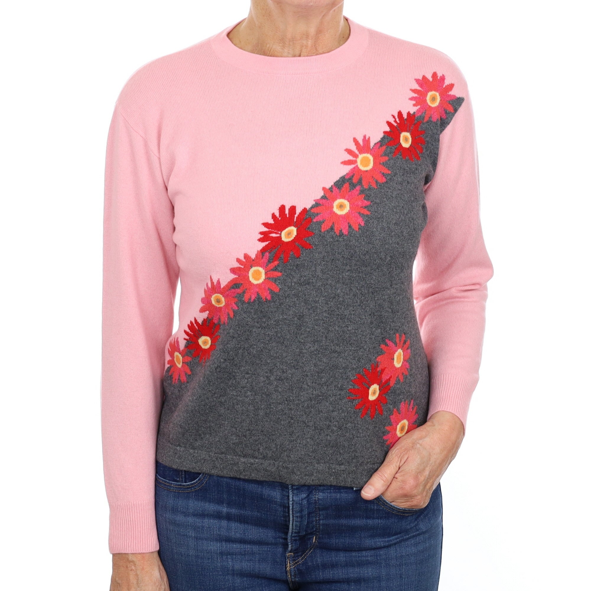Pink and Grey Floral Cashmere Crew Neck Jumper Medium