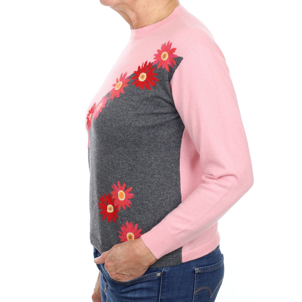 Pink and Grey Floral Cashmere Crew Neck Jumper Medium