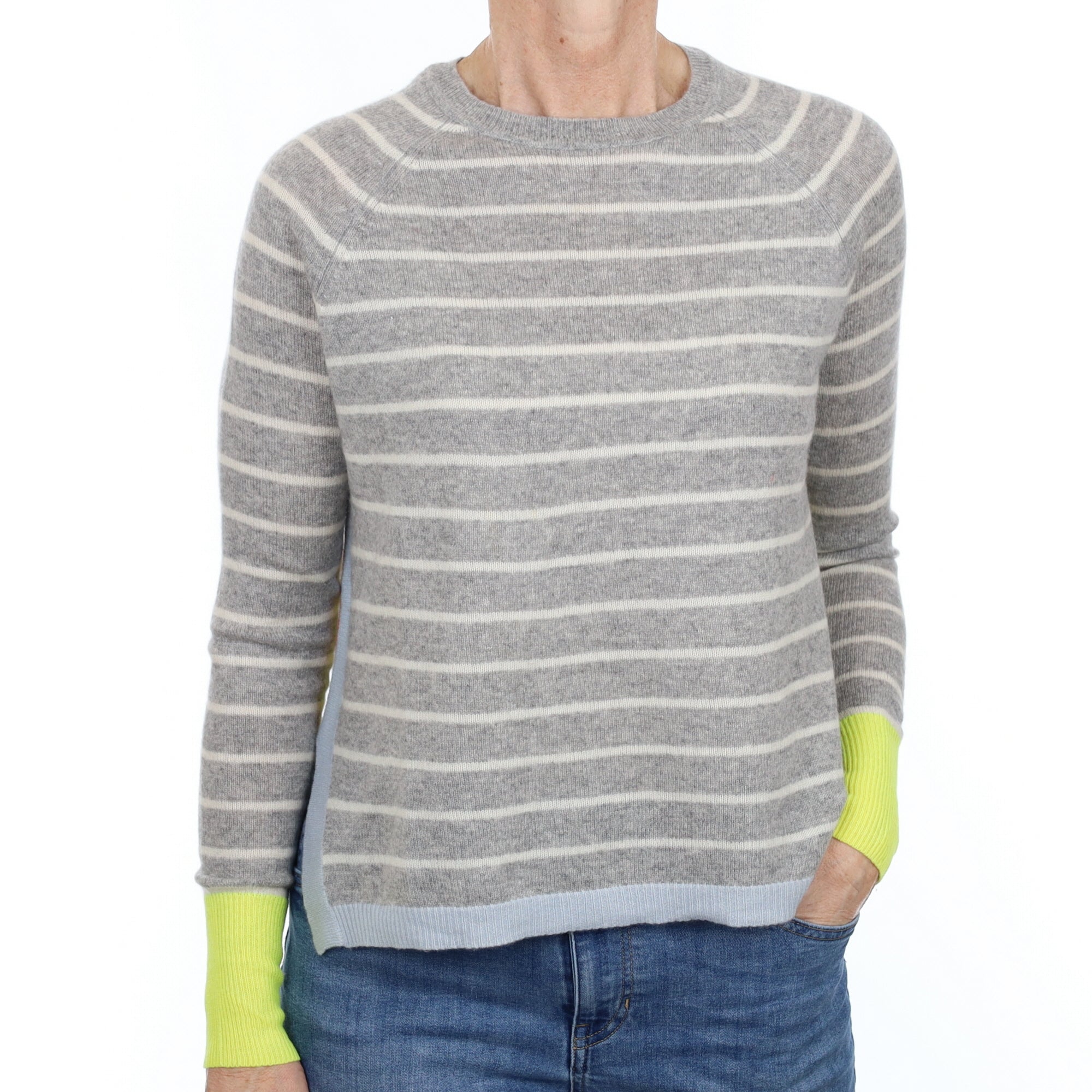 Grey Stripe Neon Trim Cashmere Crew Neck Jumper Small