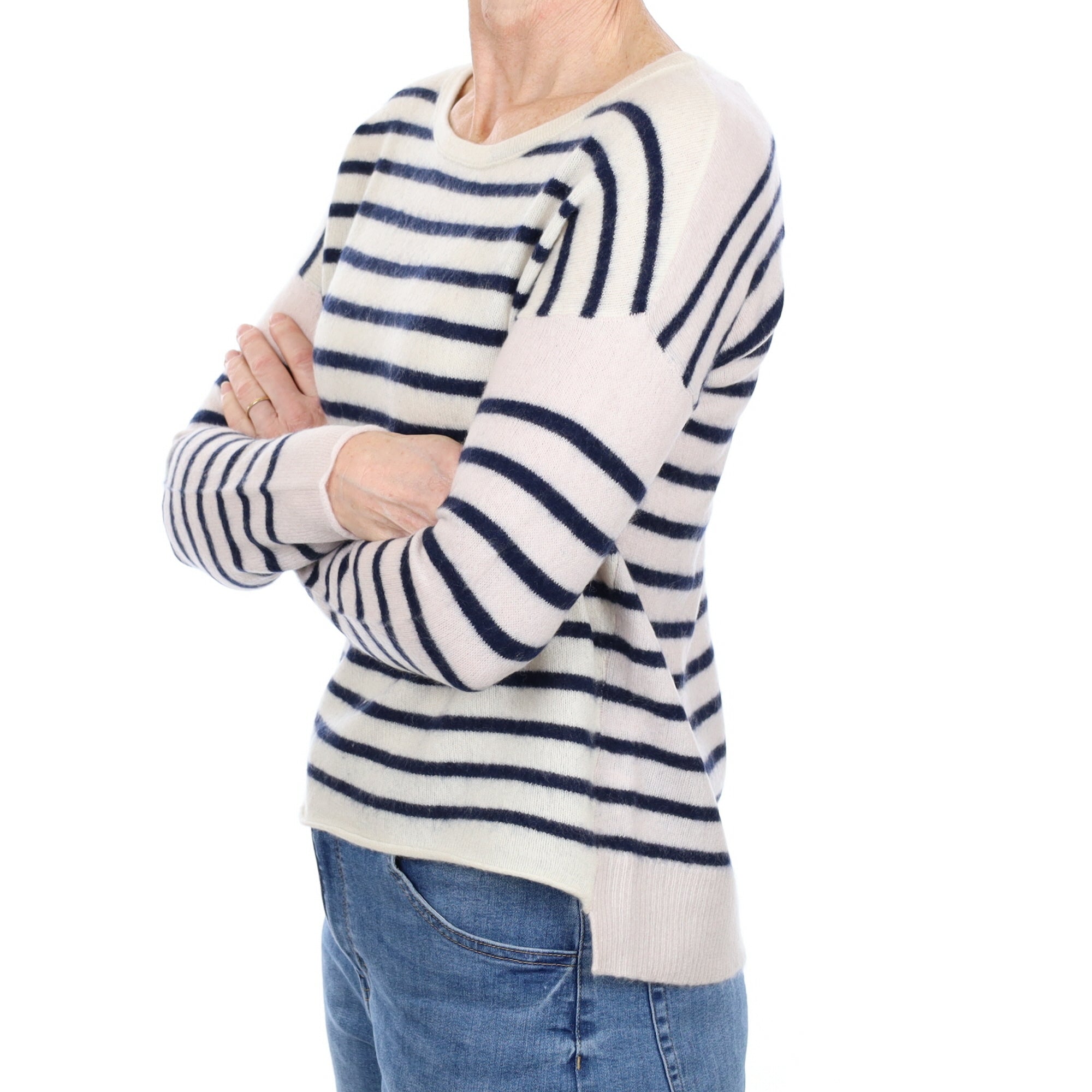Navy and Cream Stripe Cashmere Crew Neck Jumper Small
