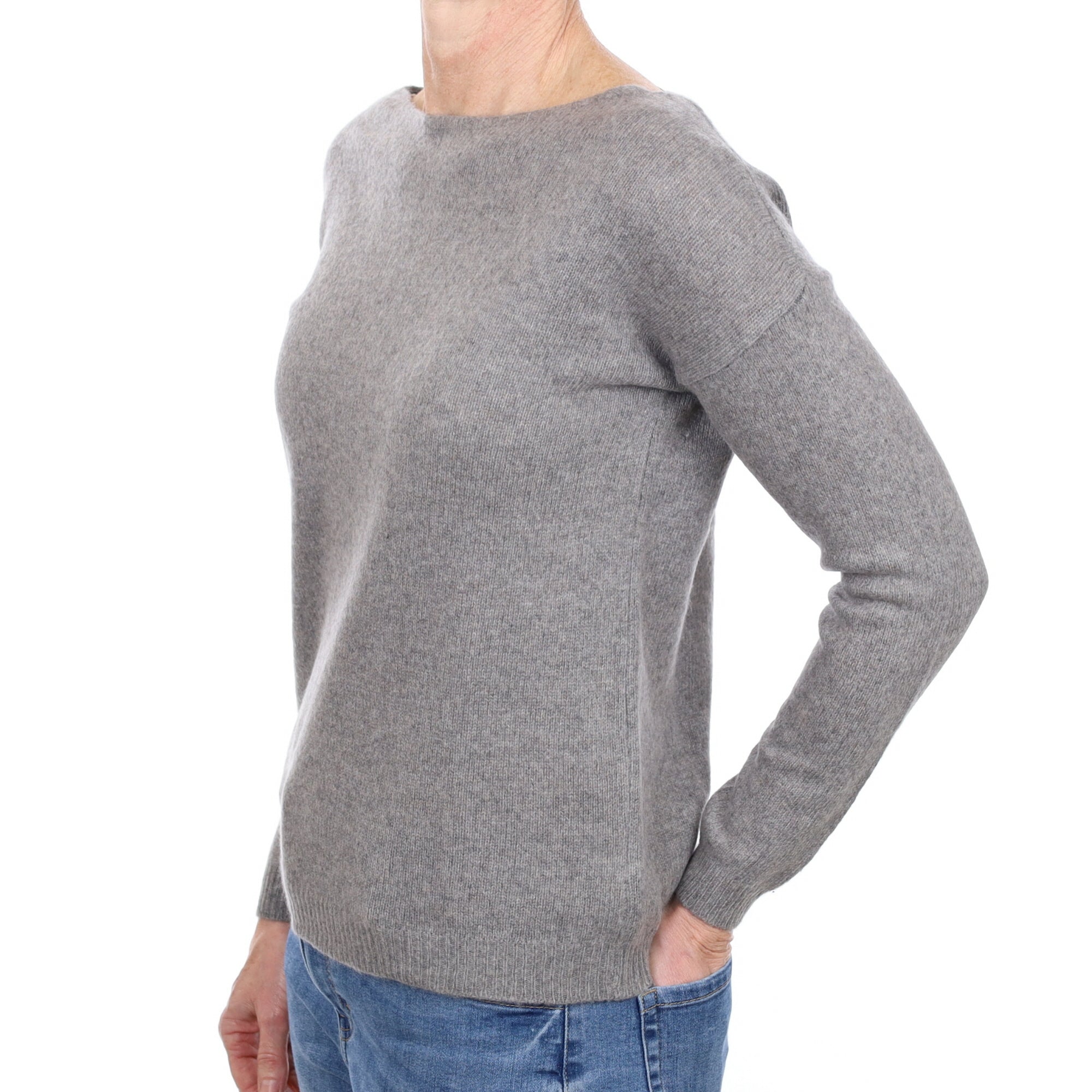 Italian Ash Grey Cashmere Slash Neck Jumper Small