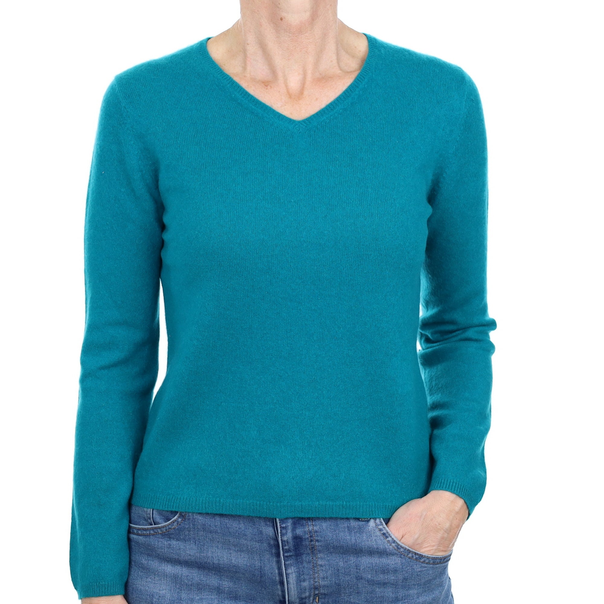 Deep Turquoise Cashmere V Neck Jumper Small