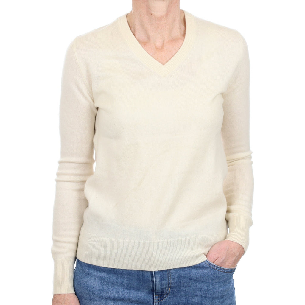 Vanilla Cream Cashmere V Neck Jumper Small