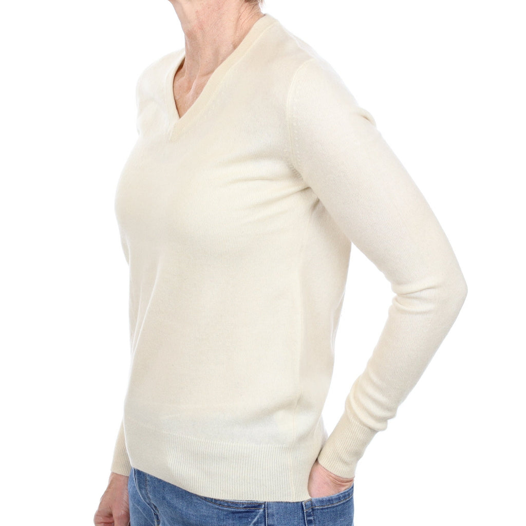 Vanilla Cream Cashmere V Neck Jumper Small