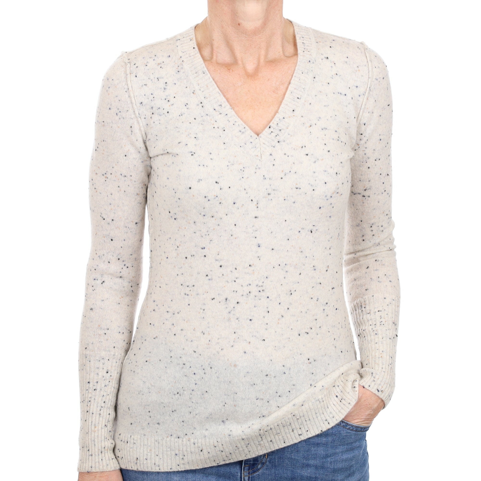 Frost Grey Flecked Cashmere V Neck Jumper Small