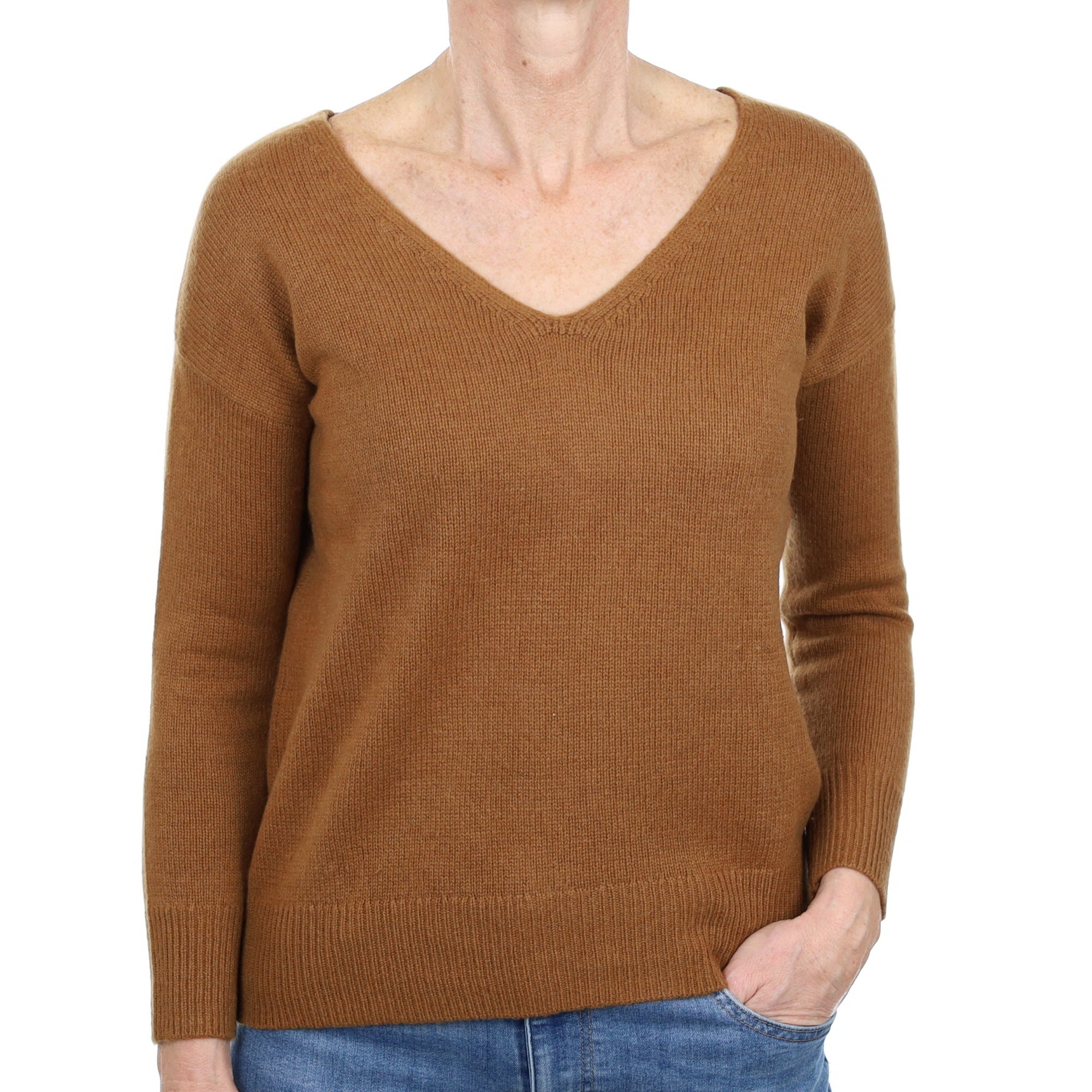 Butterscotch Brown Cashmere V Neck Jumper Small