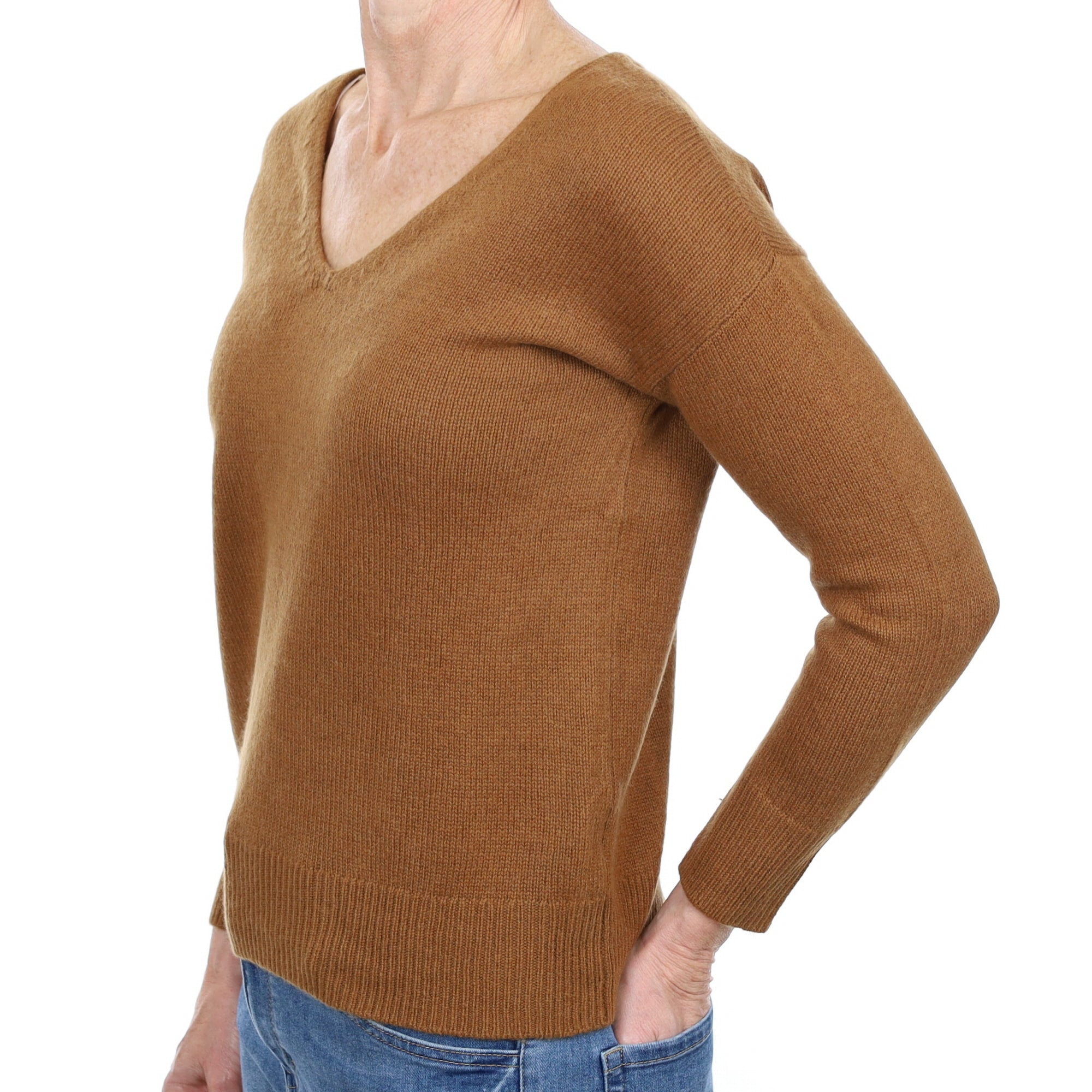Butterscotch Brown Cashmere V Neck Jumper Small