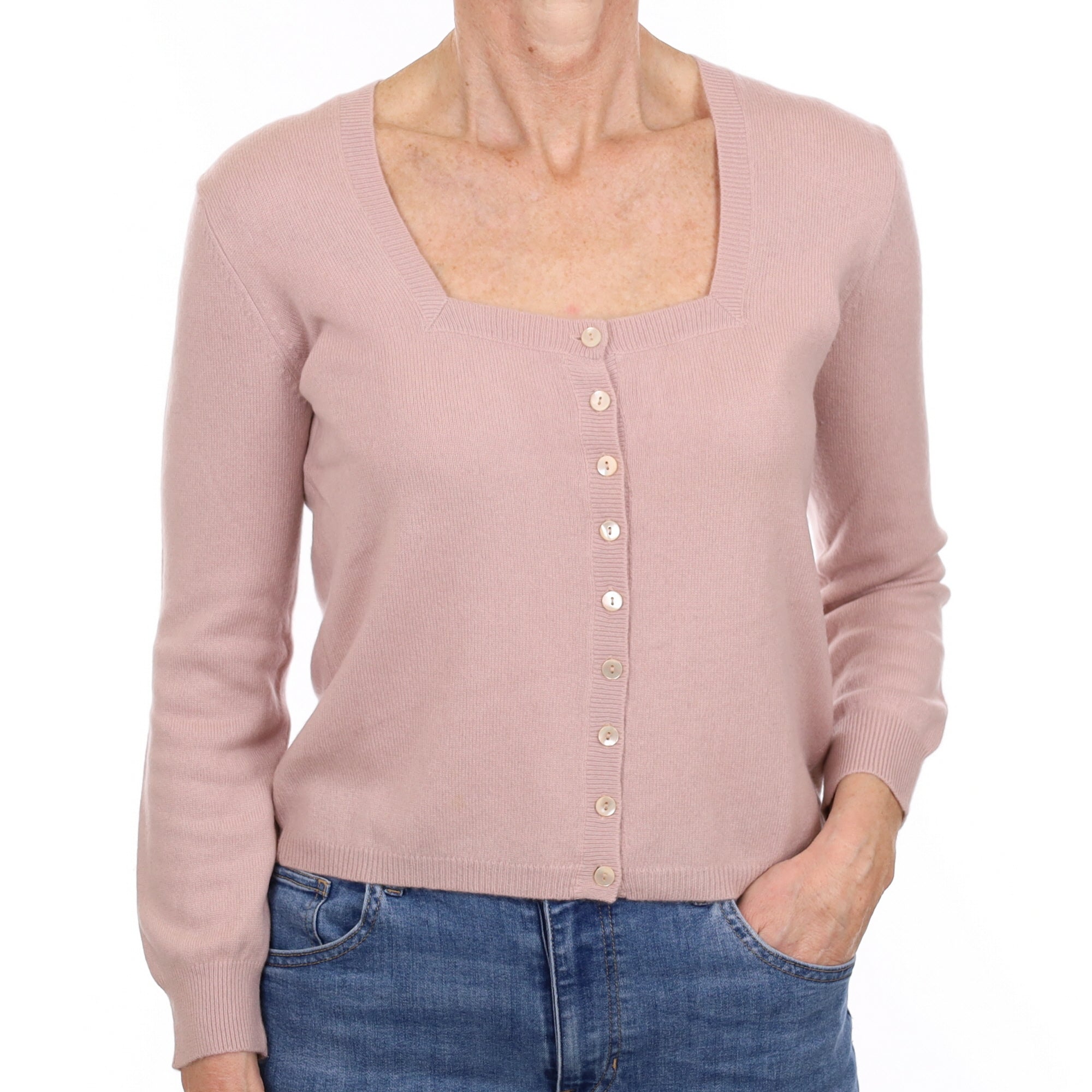 Pale Mauve Cashmere Square Neck Cardigan Small