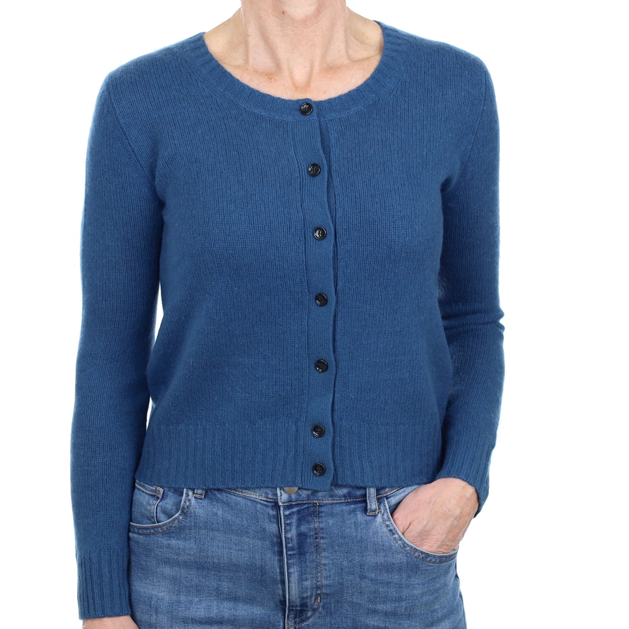Petrol Blue Cashmere Crew Neck Cardigan Small