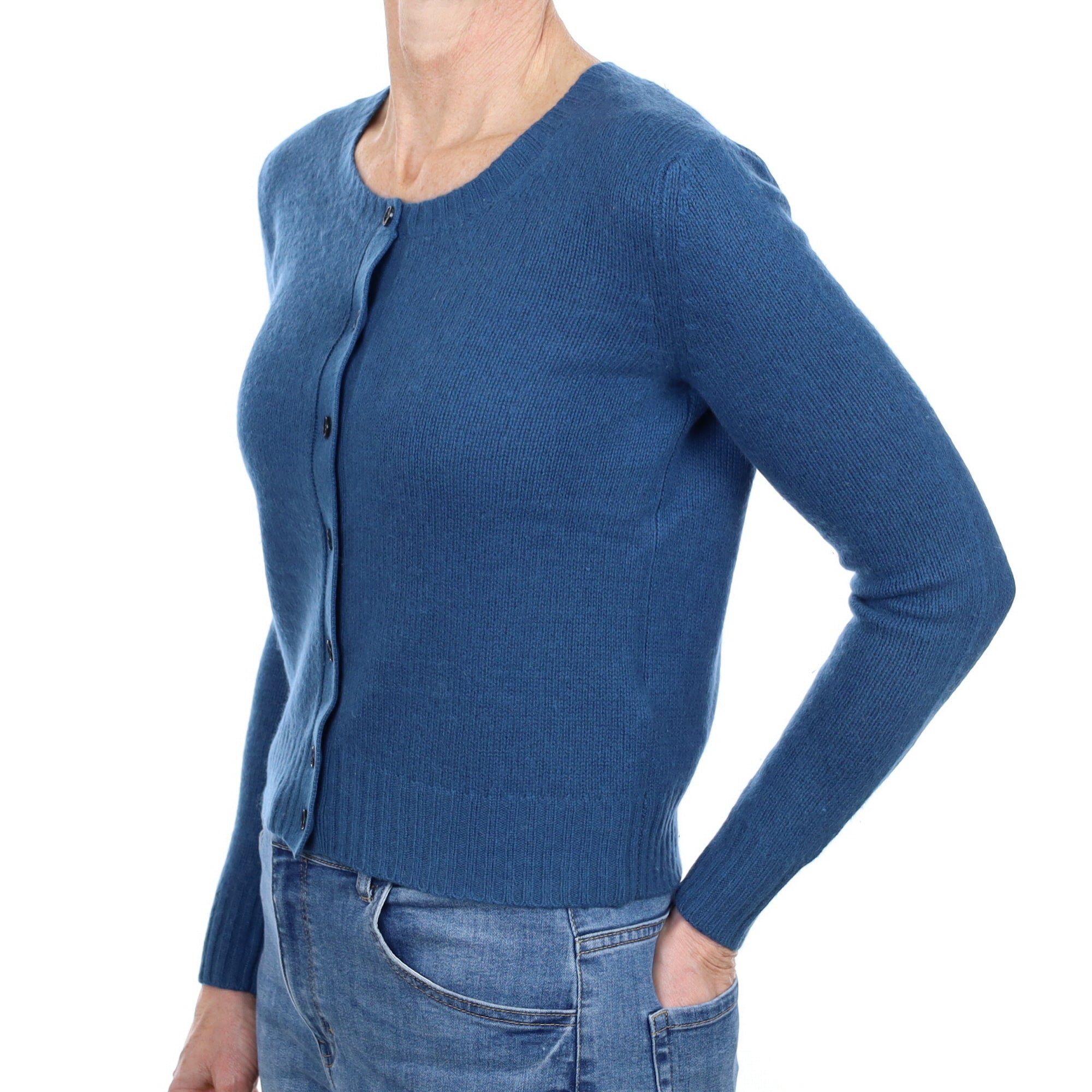 Petrol Blue Cashmere Crew Neck Cardigan Small
