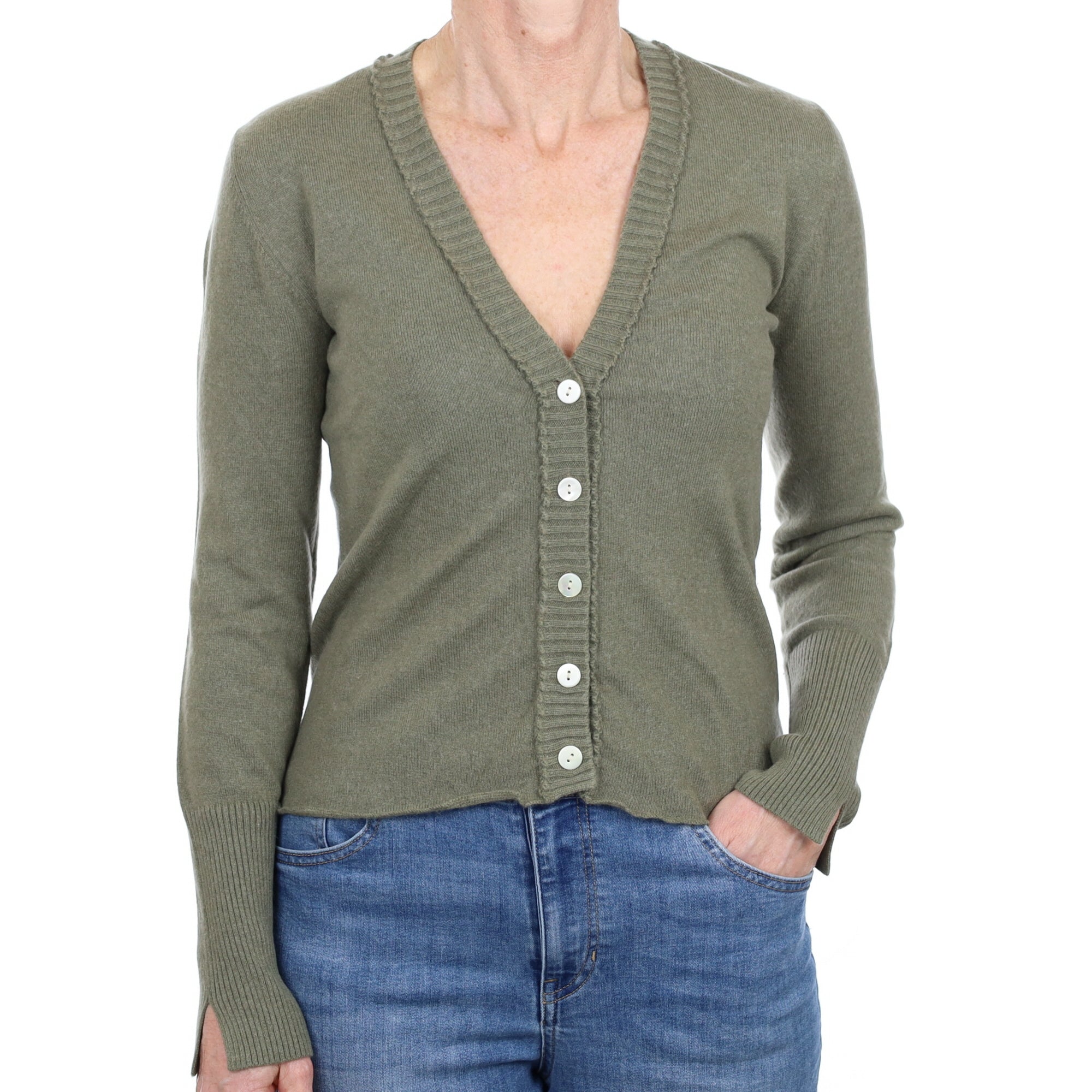 Olive Green Cashmere V Neck Cardigan Small