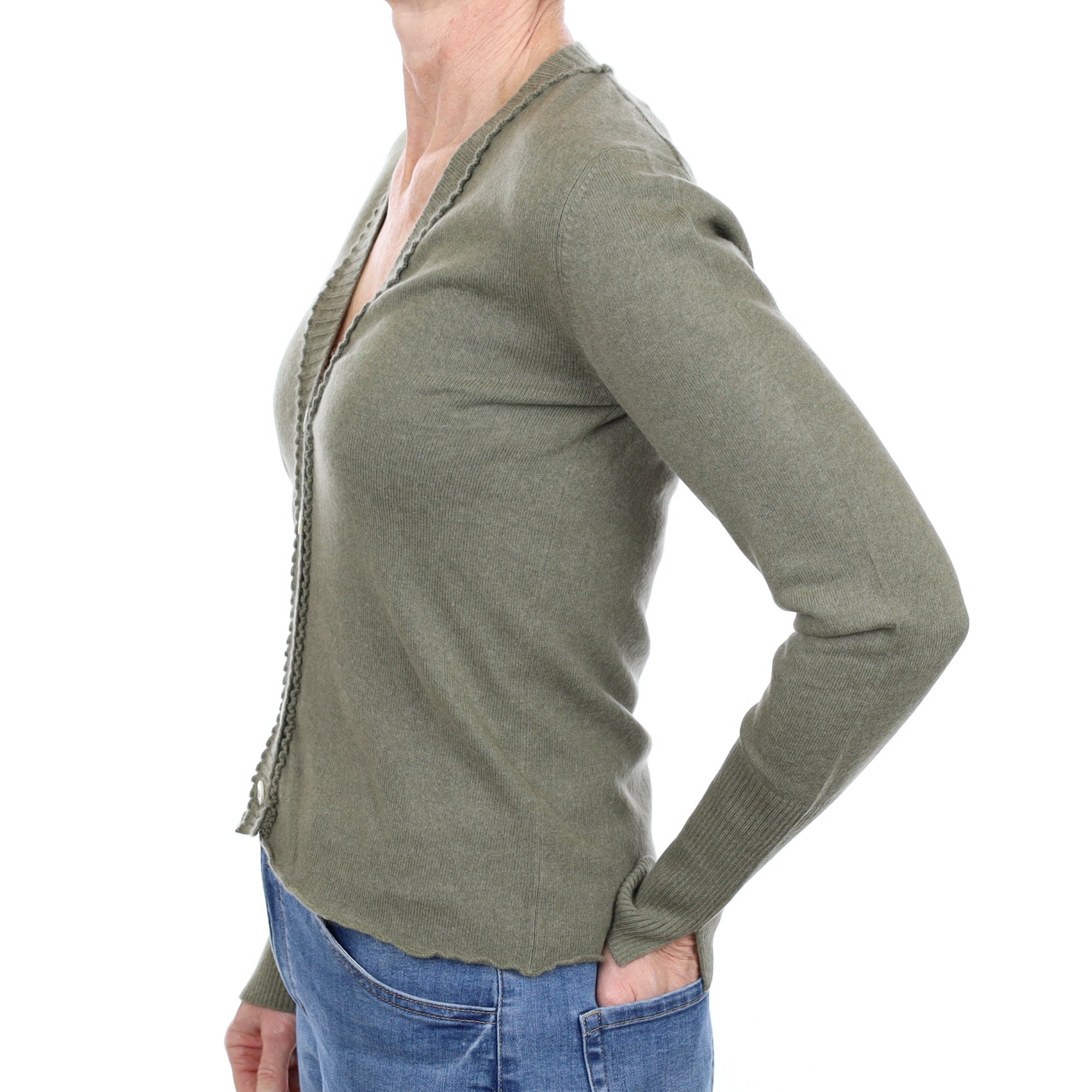 Olive Green Cashmere V Neck Cardigan Small