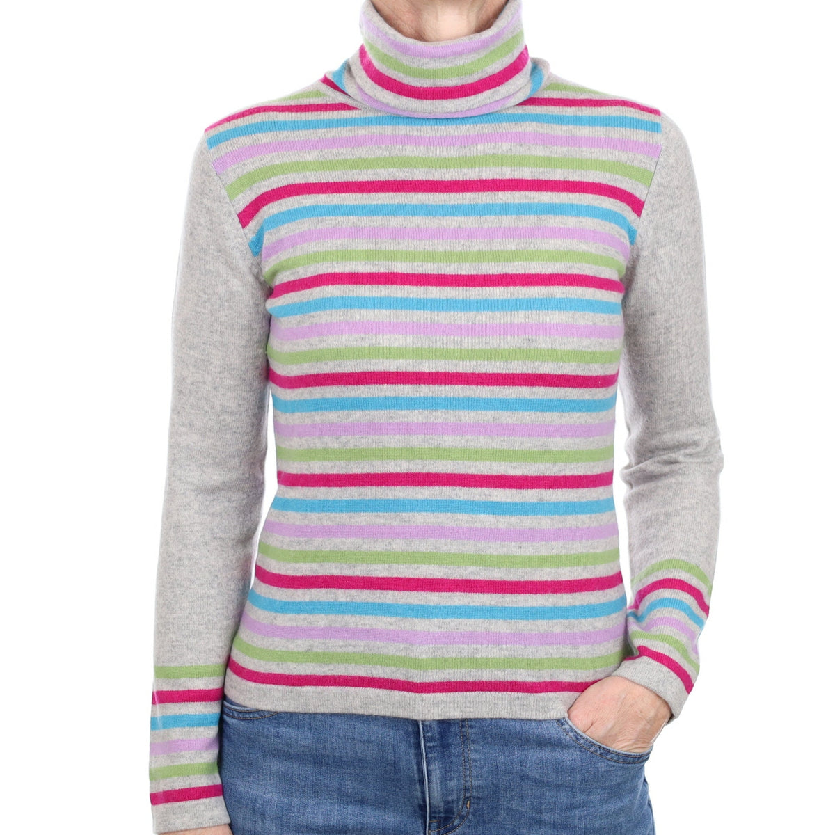 Grey Colourful Stripe Cashmere Polo Neck Jumper Small