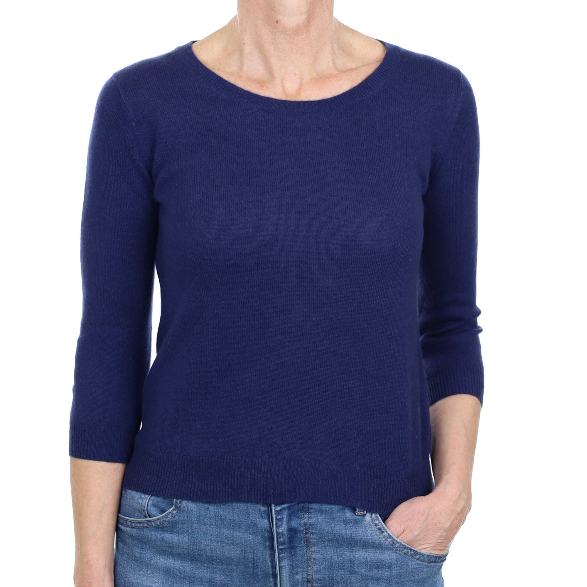 French Navy Cashmere 3/4 Sleeve Scoop Neck Jumper Small