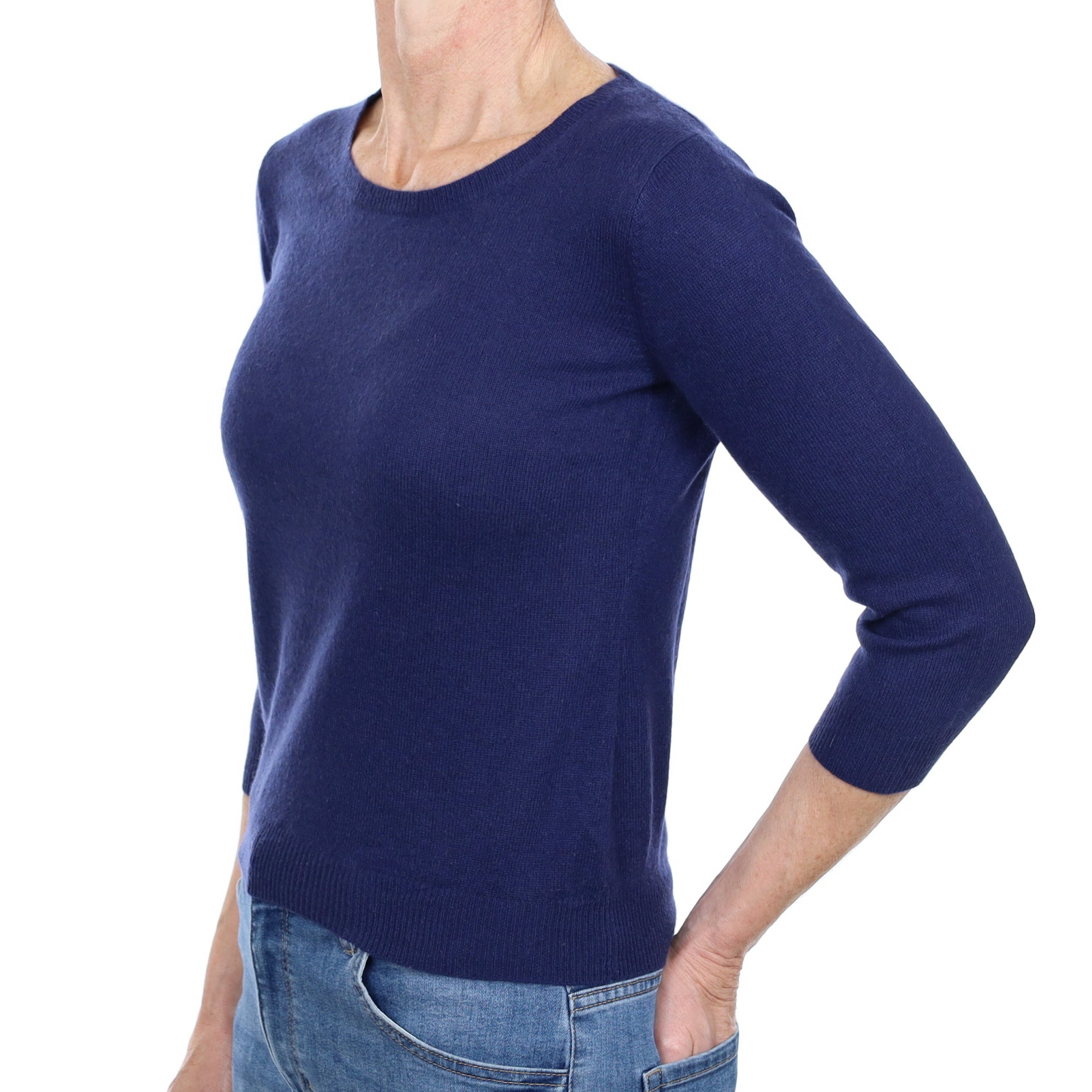 French Navy Cashmere 3/4 Sleeve Scoop Neck Jumper Small