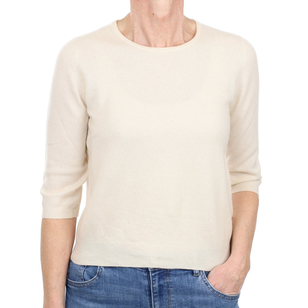 Ivory Cashmere 3/4 Sleeve Crew Neck Jumper Small