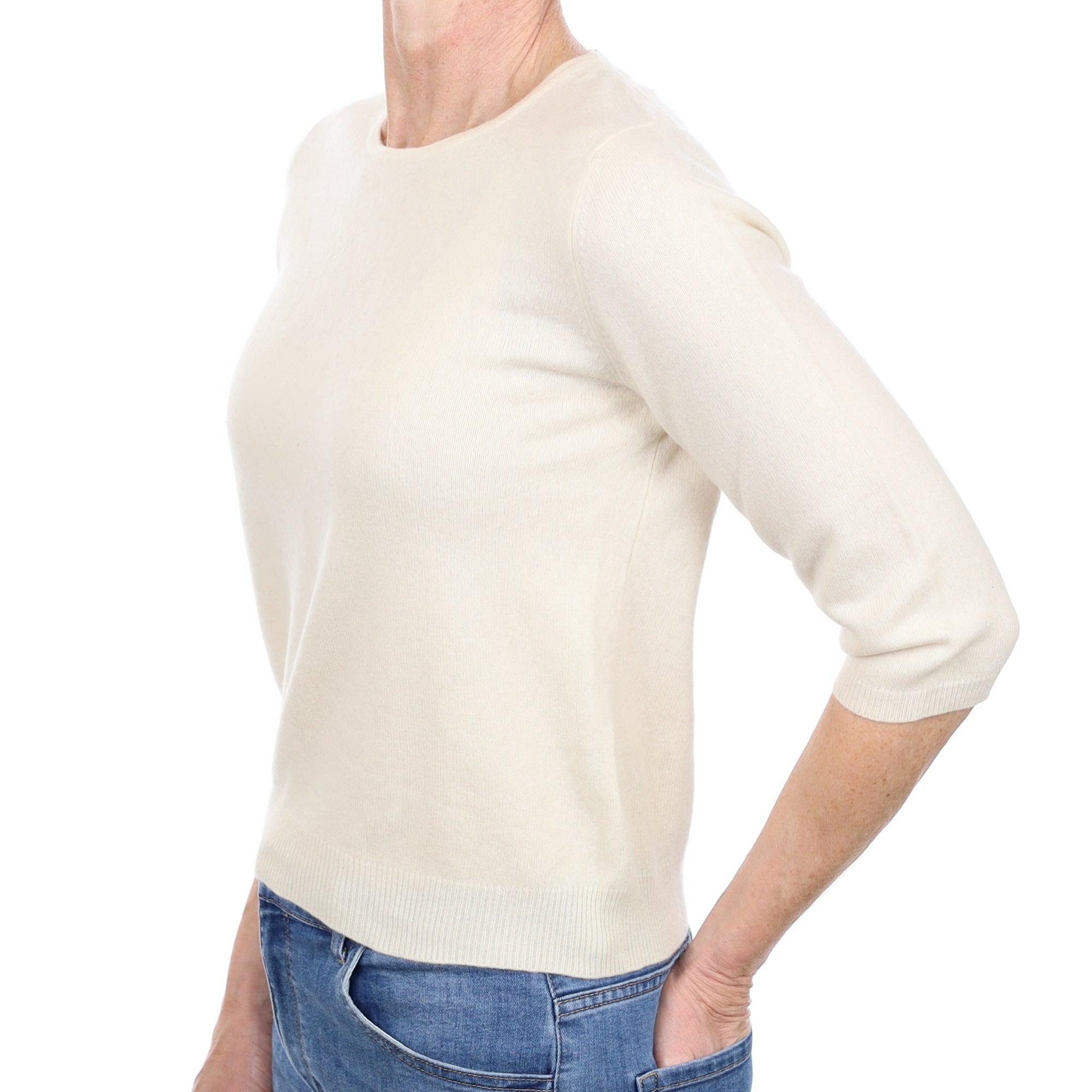 Ivory Cashmere 3/4 Sleeve Crew Neck Jumper Small