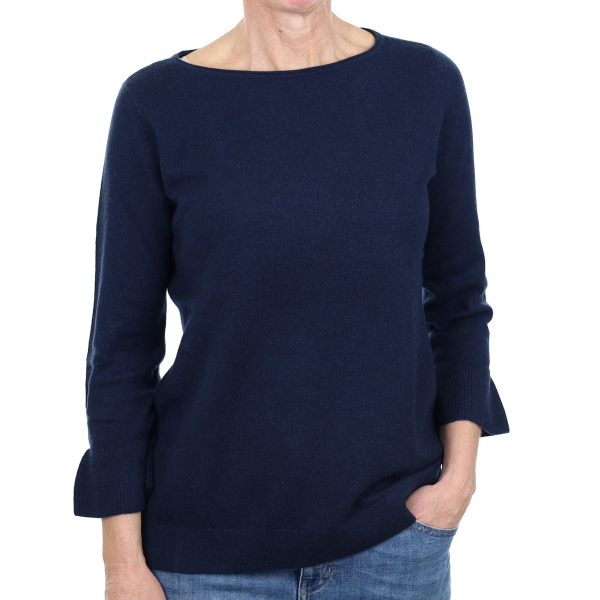 Navy Blue Cashmere Flared Sleeve Crew Neck Jumper Small