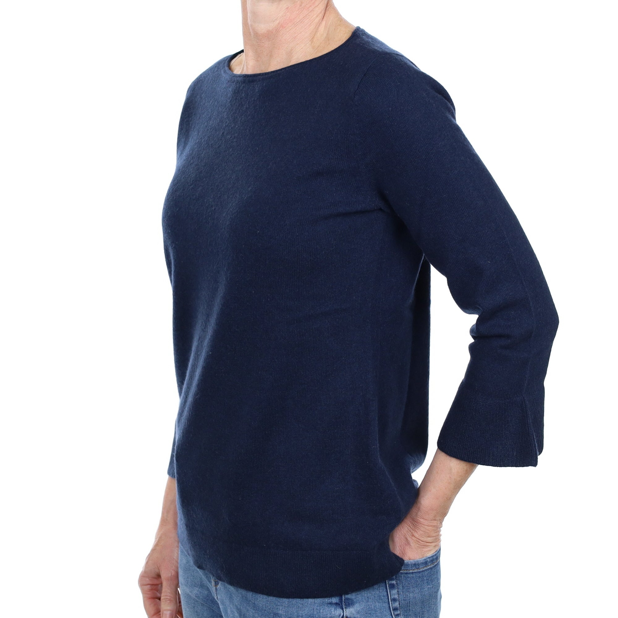 Navy Blue Cashmere Flared Sleeve Crew Neck Jumper Small