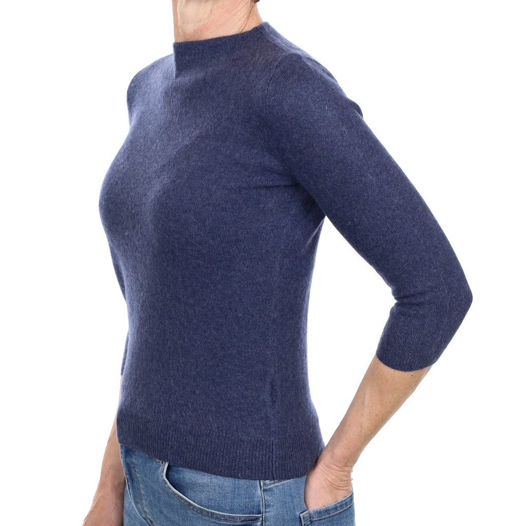 Naval Blue Cashmere 3/4 Sleeve Crew Neck Jumper Small Petite