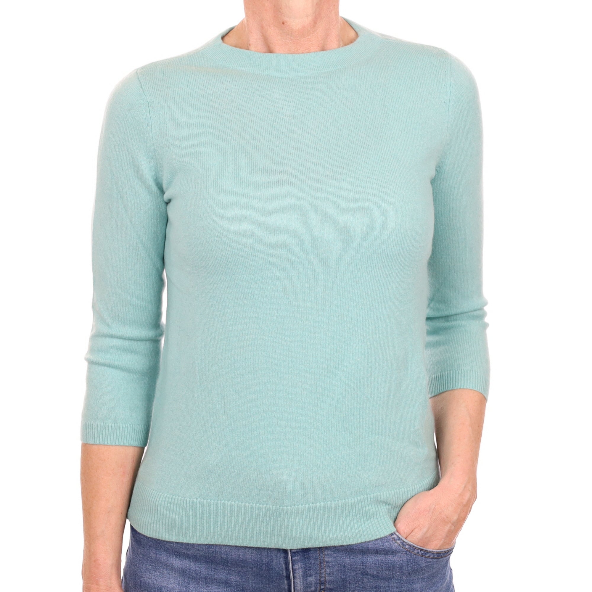 Aqua Green Cashmere 3/4 Sleeve Crew Neck Jumper Small