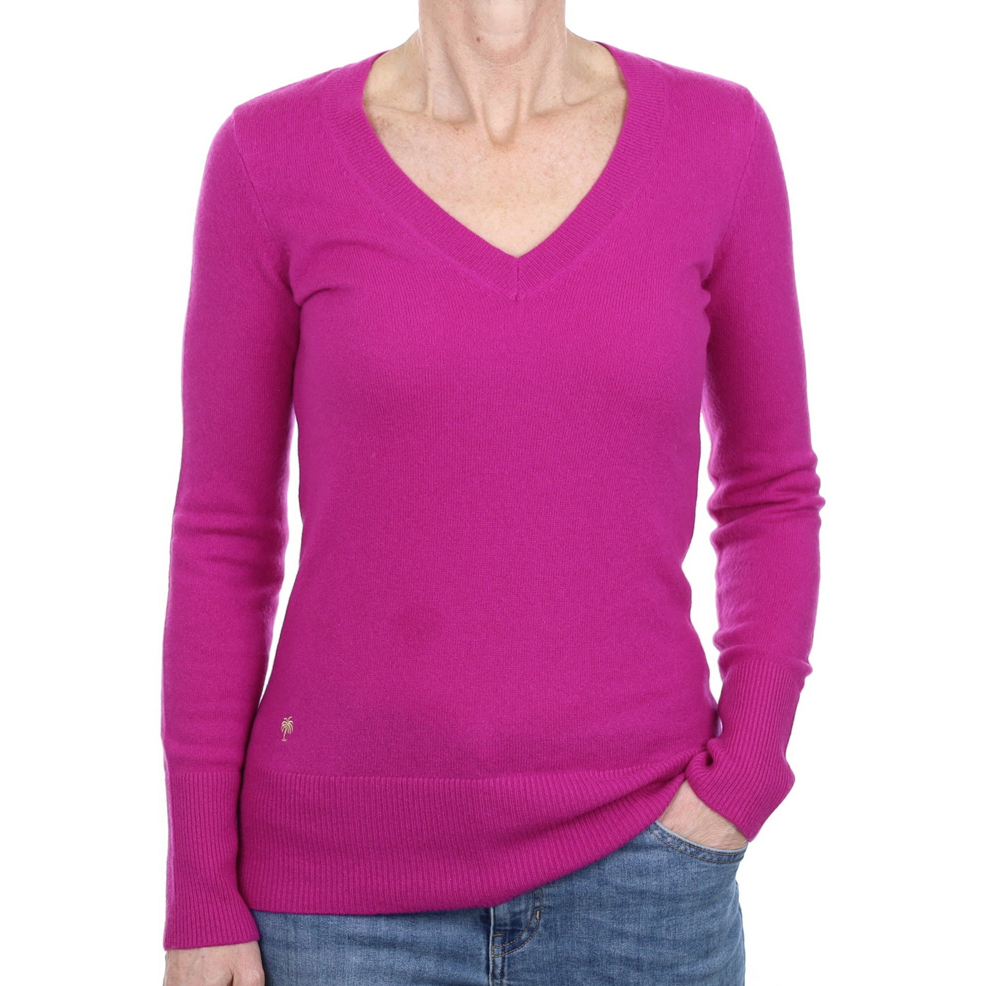 Magenta Pink Cashmere V Neck Jumper Small