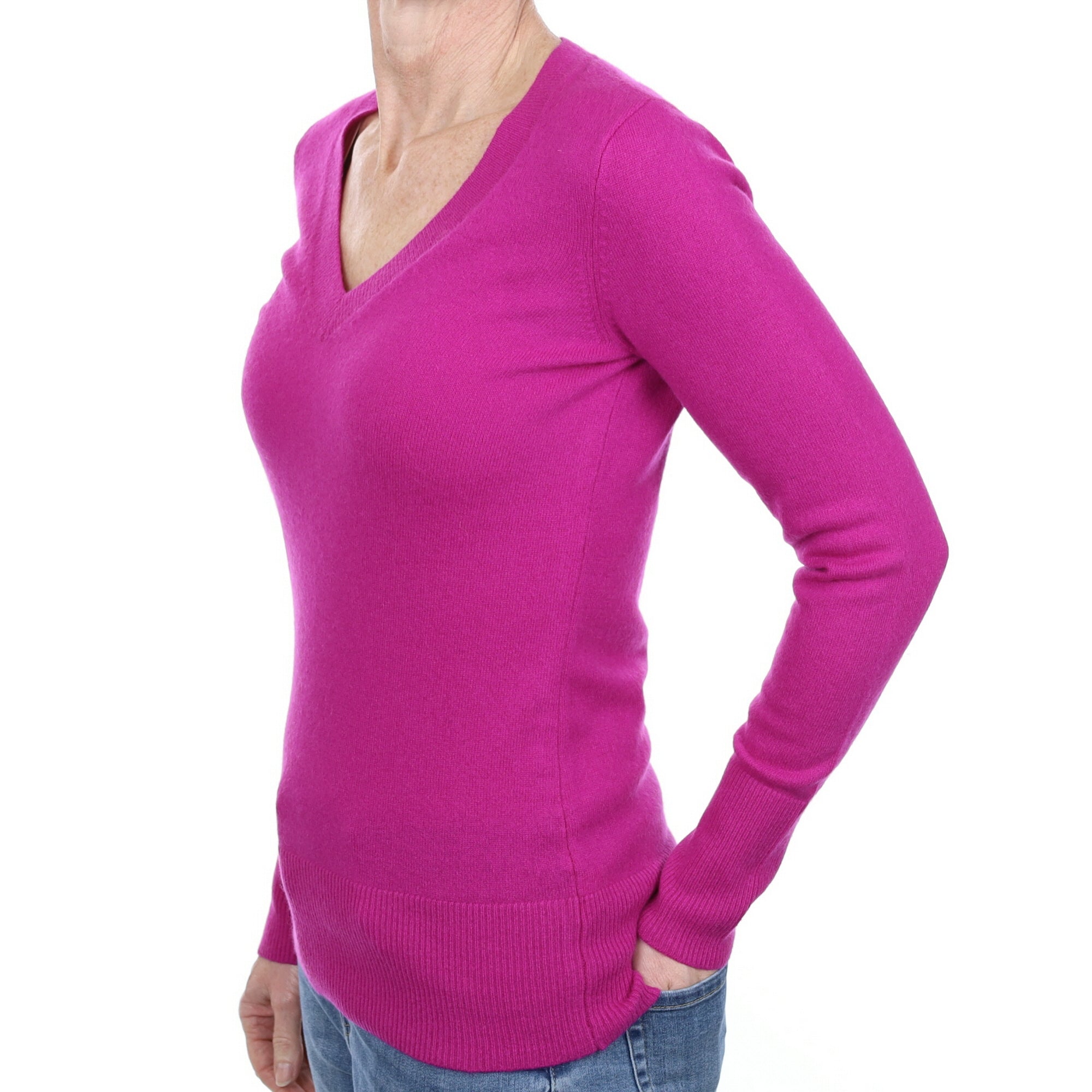Magenta Pink Cashmere V Neck Jumper Small