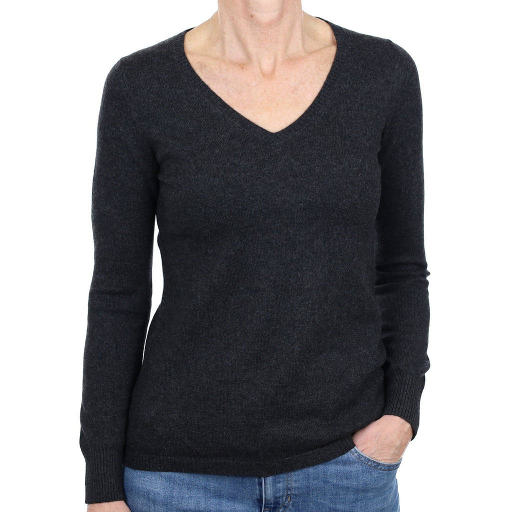 Charcoal Grey Cashmere V Neck Jumper Small