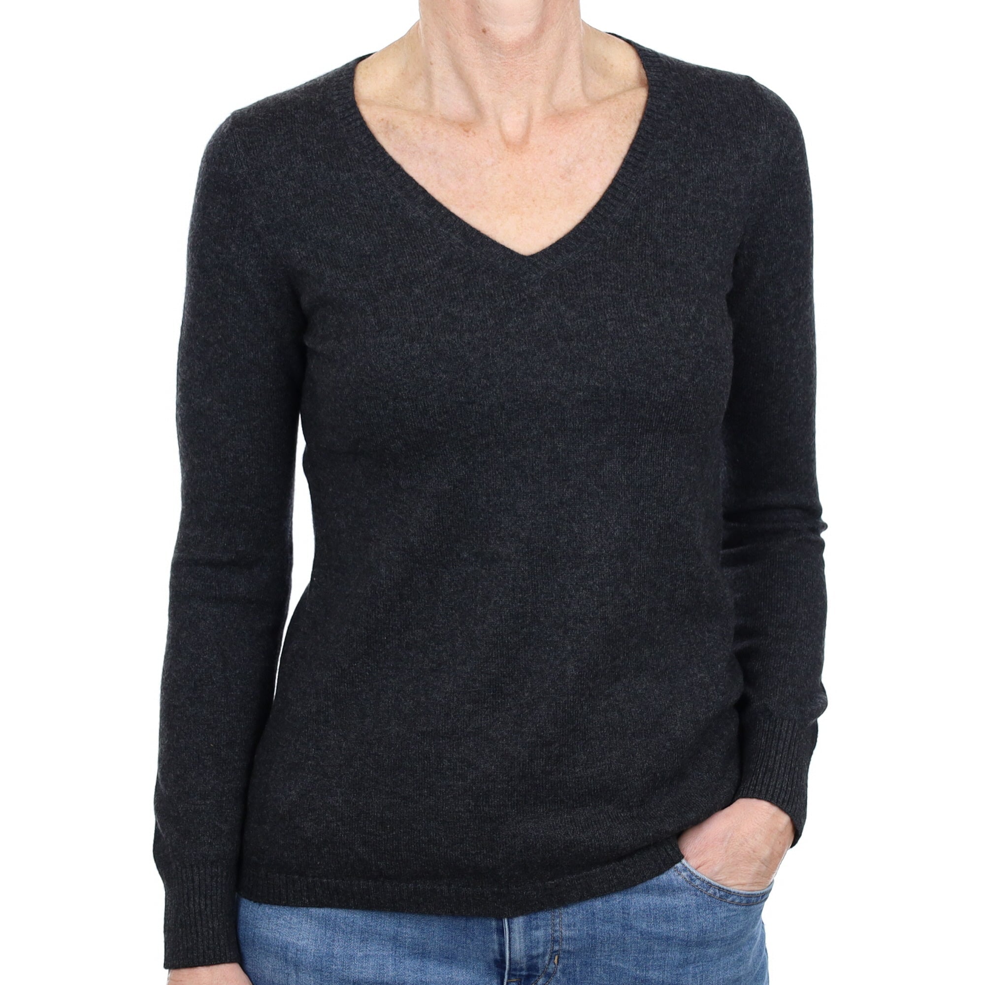 Charcoal Grey Cashmere V Neck Jumper Small