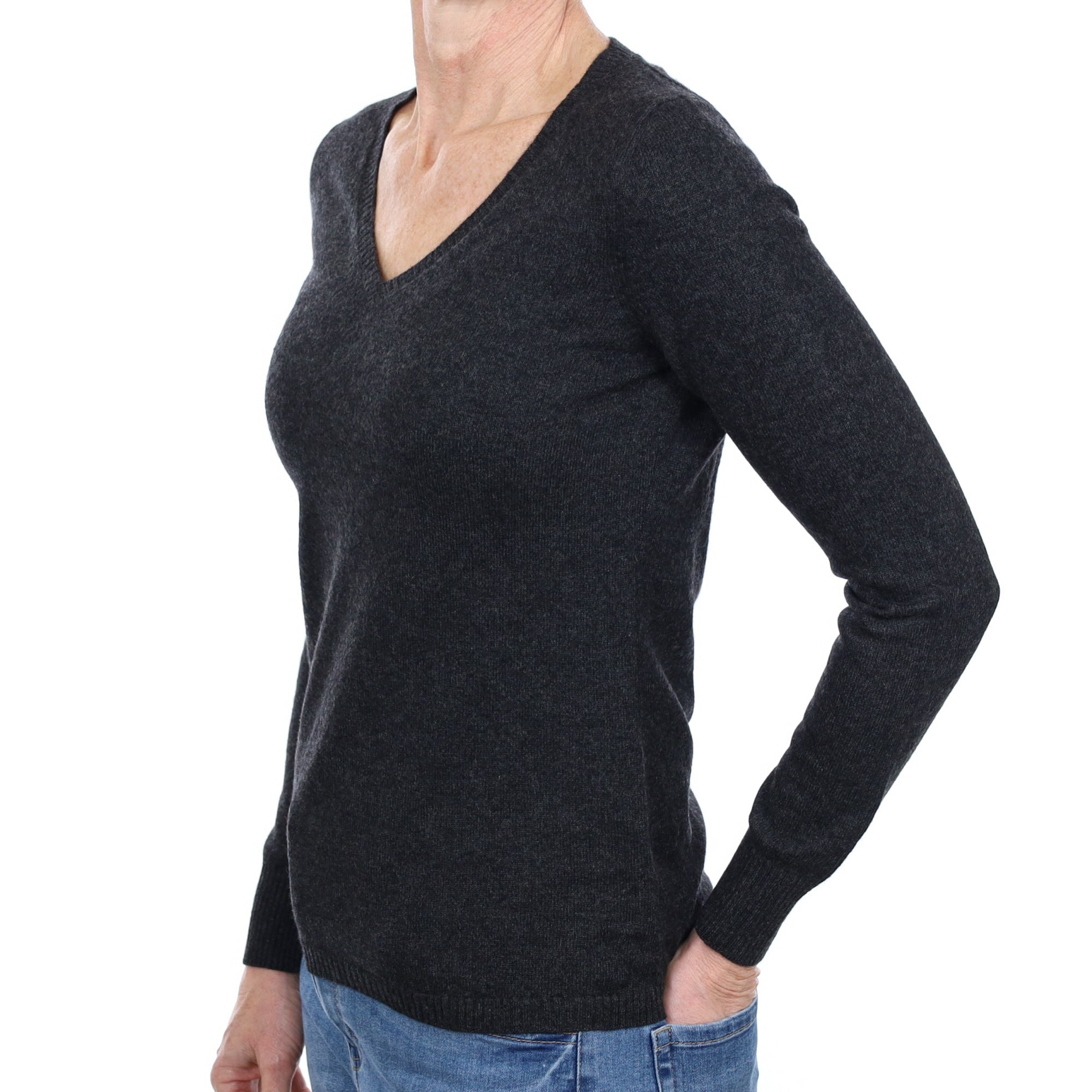 Charcoal Grey Cashmere V Neck Jumper Small