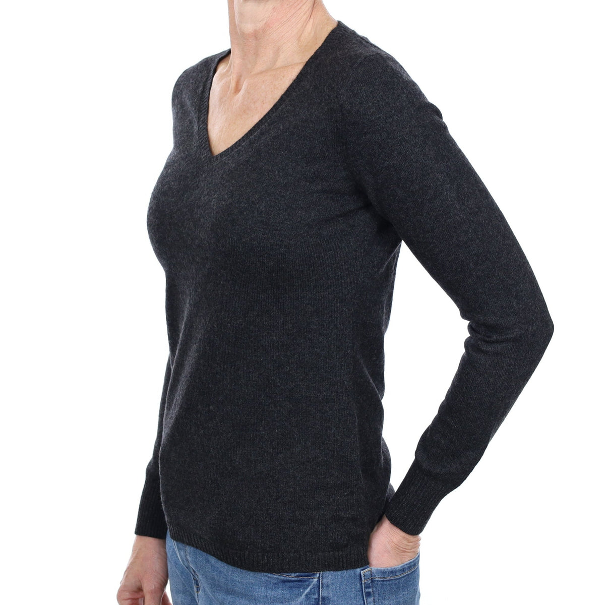 Charcoal Grey Cashmere V Neck Jumper Small